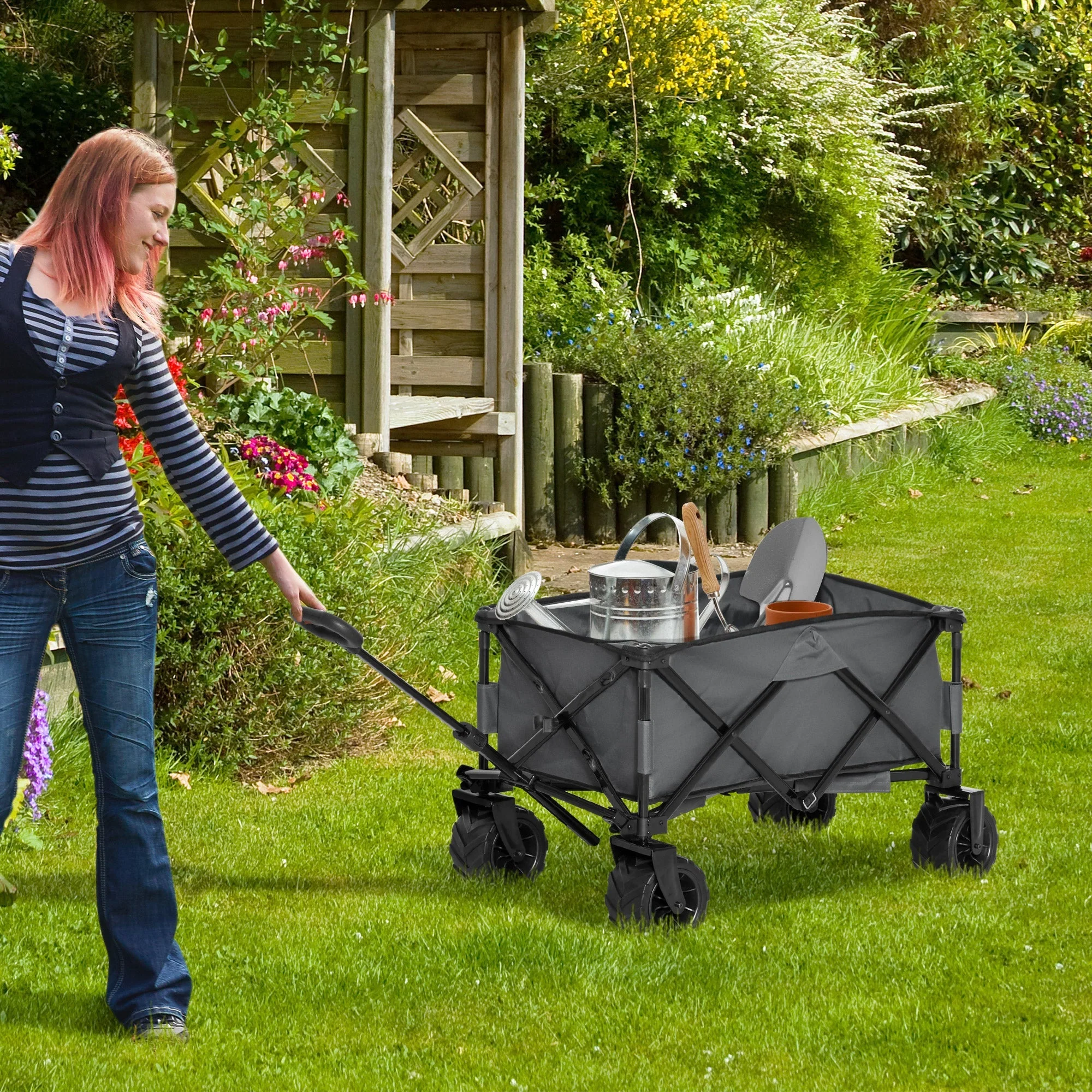Handcart, Foldable 360° Garden Cart with Telescopic Handle, Grey