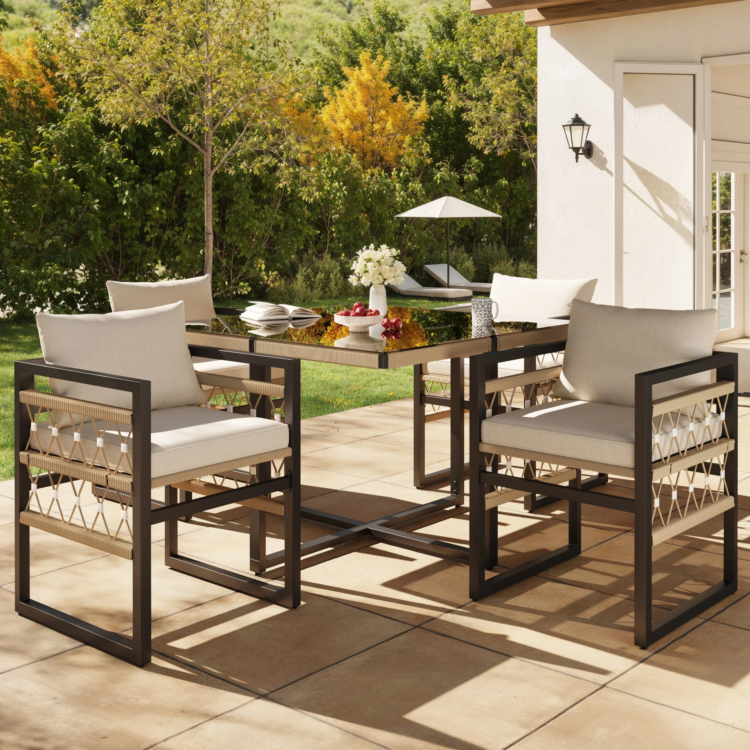 Handwoven Garden Sofa Set for 8 People with 2 Glass Tables and 8 Armchairs, Beige Iron - Image 4
