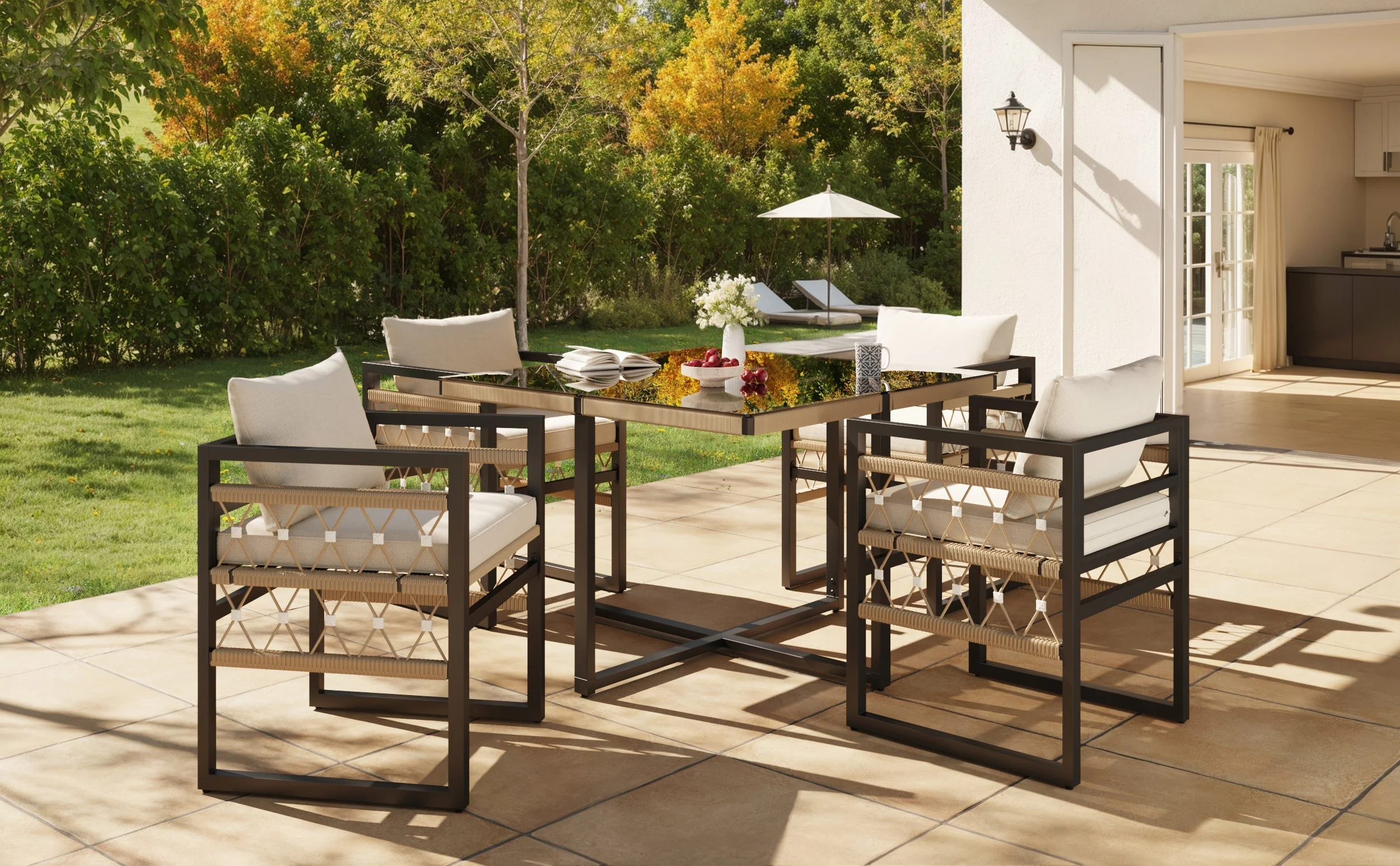 Handwoven Garden Sofa Set for 8 People with 2 Glass Tables and 8 Armchairs, Beige Iron - Image 8