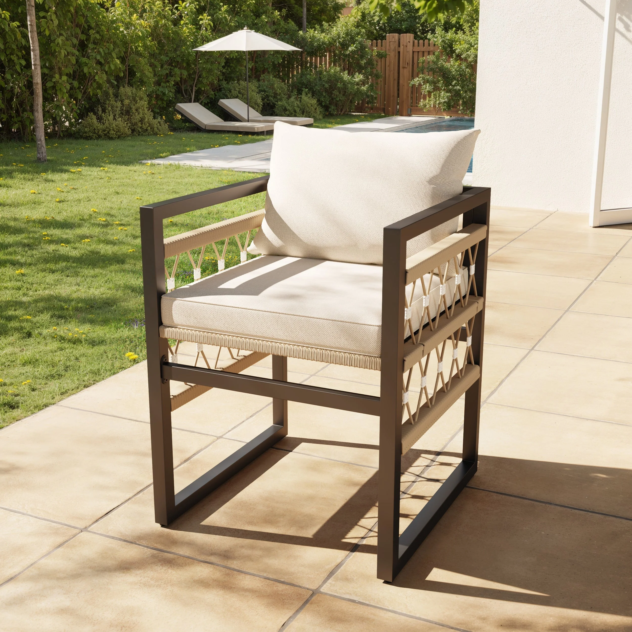 Handwoven Garden Sofa Set with Glass Table and 4 Armchairs, Beige Iron - Image 8