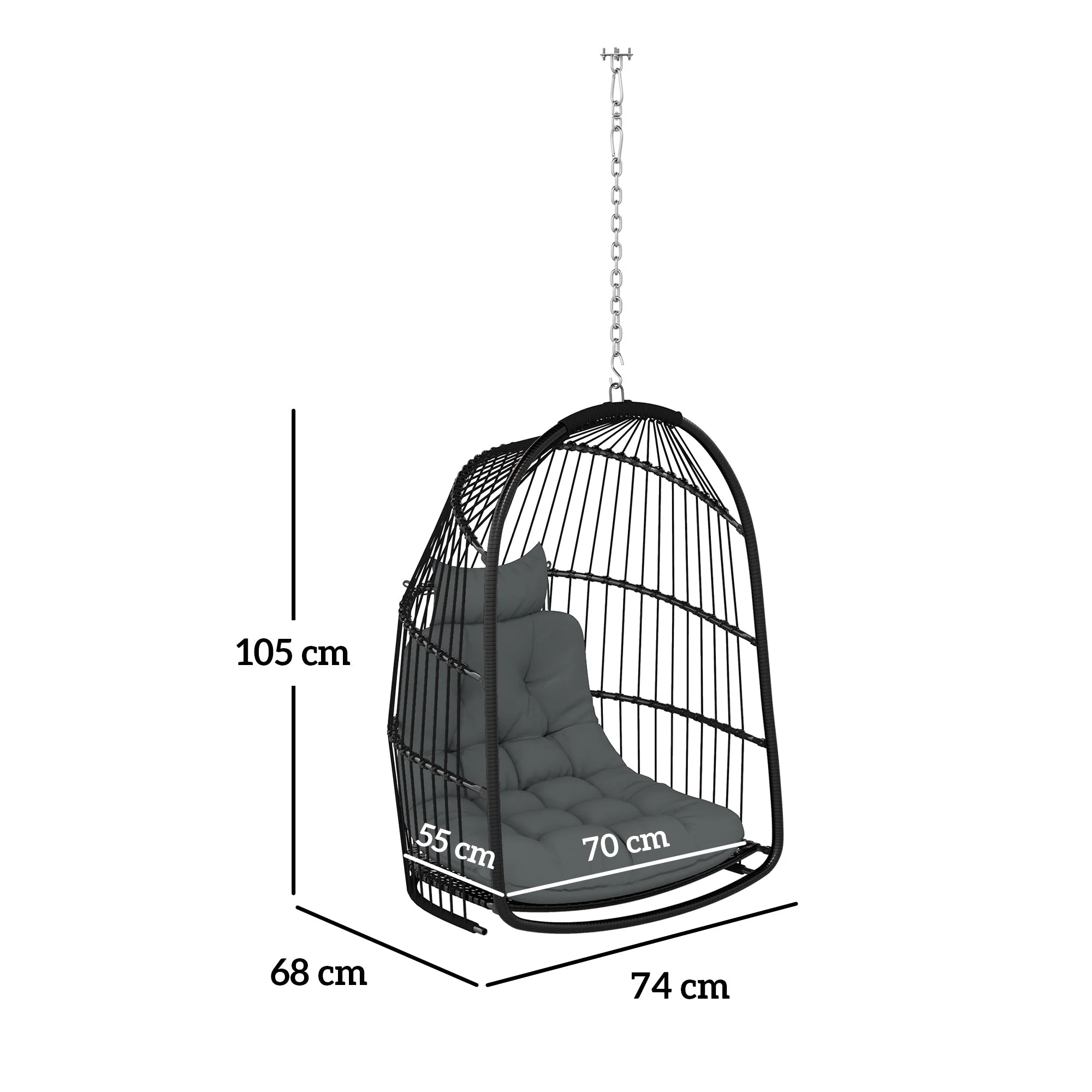 Hanging Chair, Foldable Polyrattan Swing, 150kg Capacity, Dark Gray - Image 3