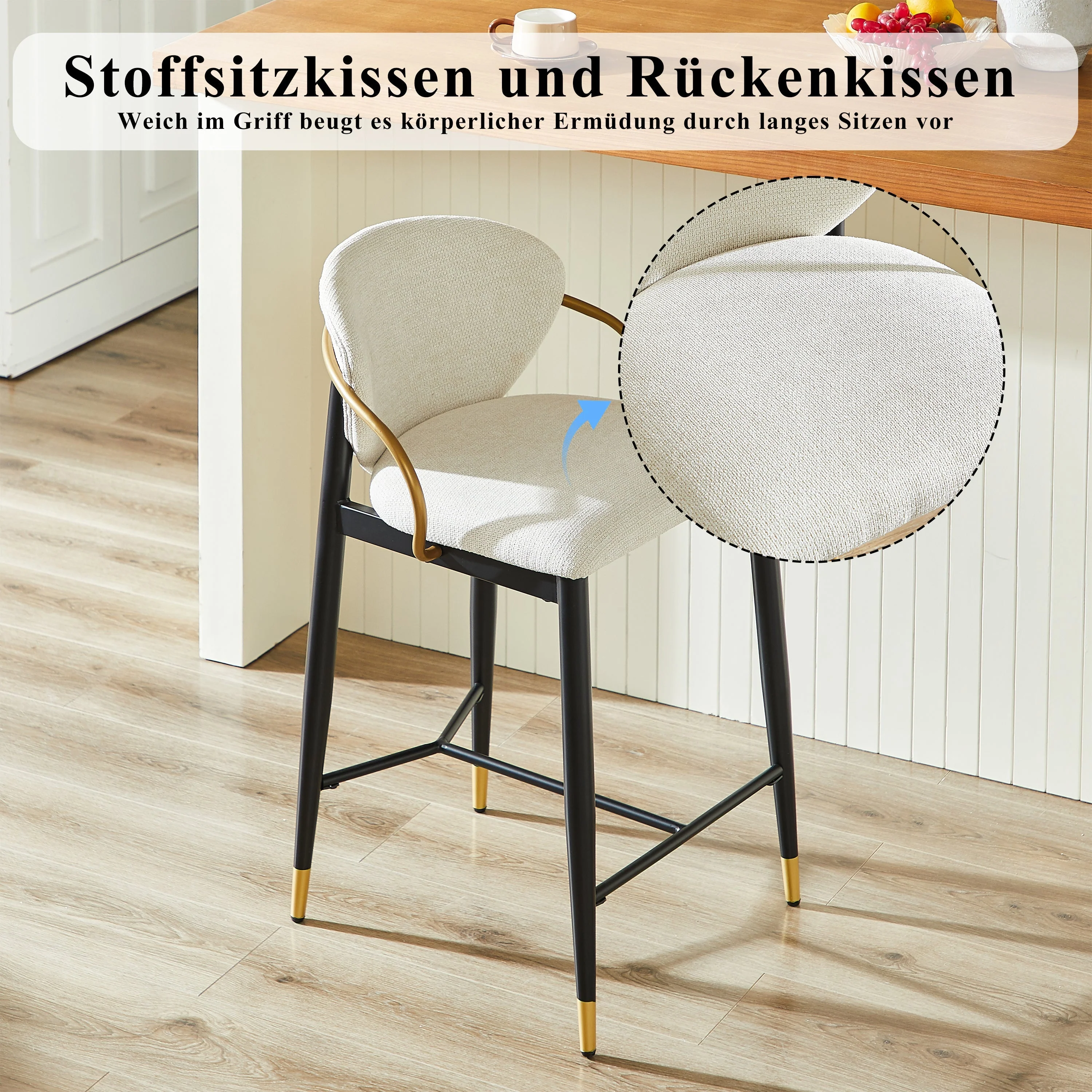 Height-adjustable Bar Stool Set of 2 with Backrest and Footrest, Beige Chenille - Image 5