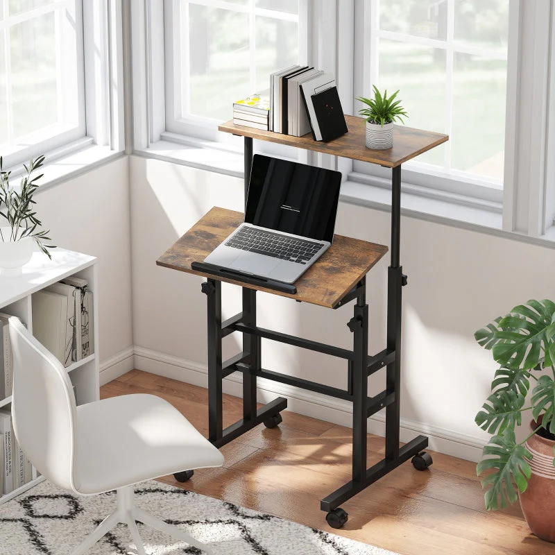 Height-Adjustable Desk 60x60cm Shelf Casters - Rustic Brown - Image 2