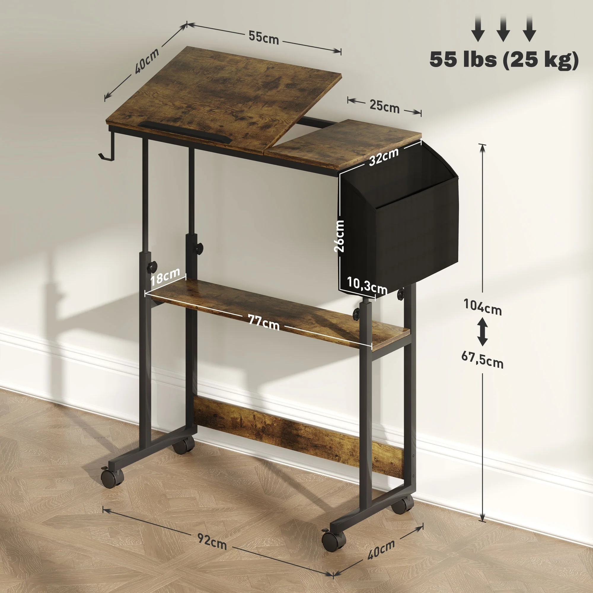 Height-Adjustable Desk, 92 x 40 cm, Tilting, Storage, Rustic Brown Steel - Image 3