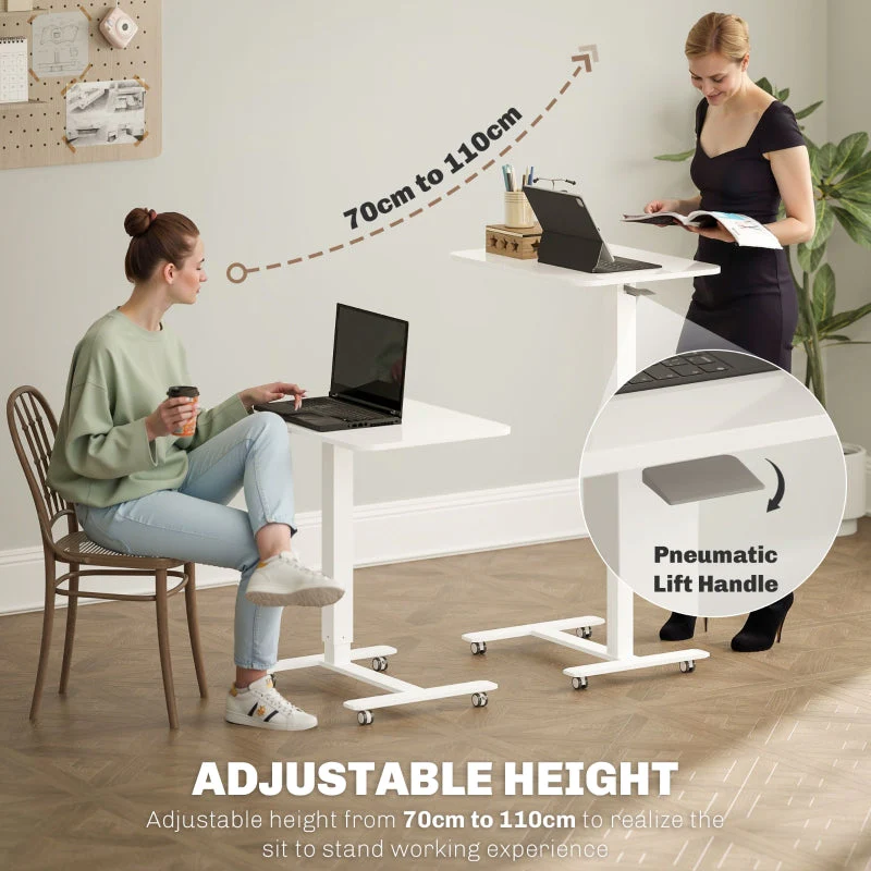 Height Adjustable Standing Desk, Pneumatic Mobile Sit Stand Laptop Table, White - Image 4