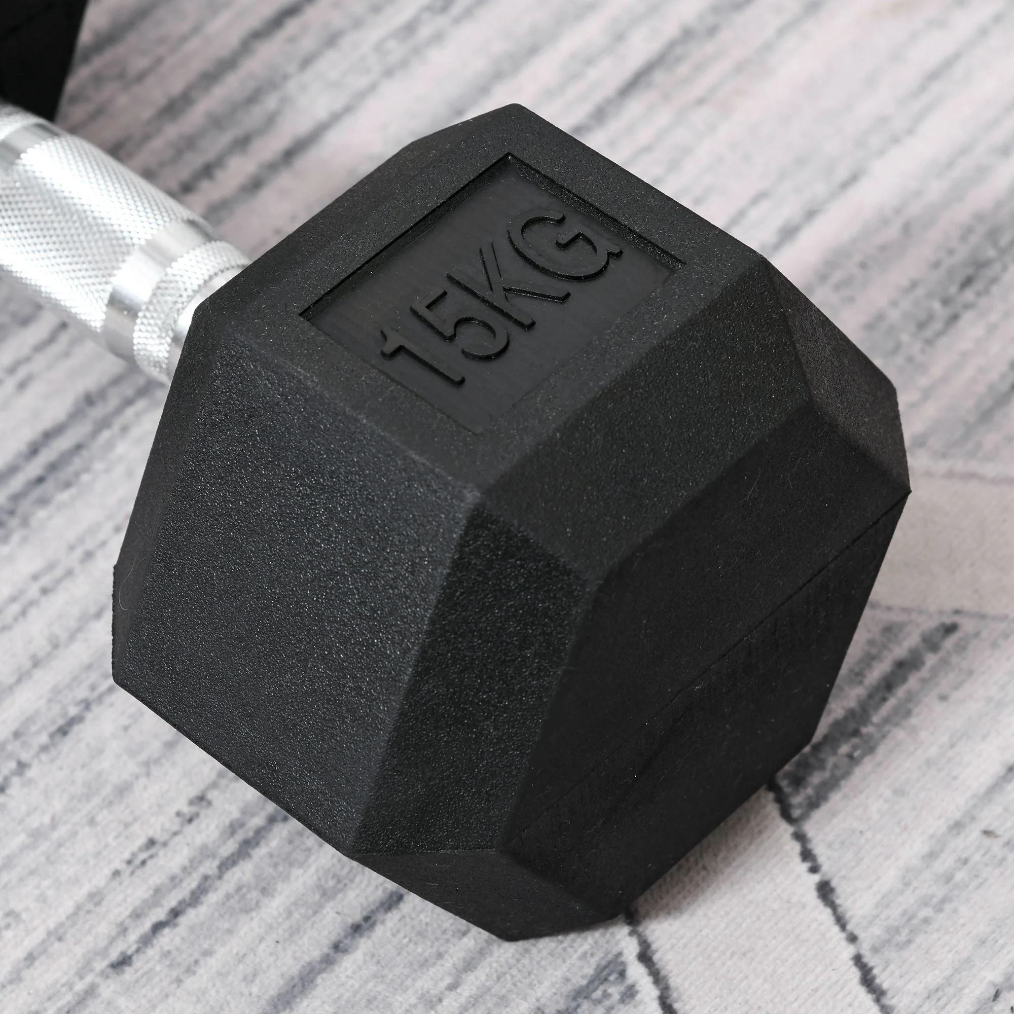 Hexagon Dumbbell, Knurled Handle, Rubber, Black - Image 7