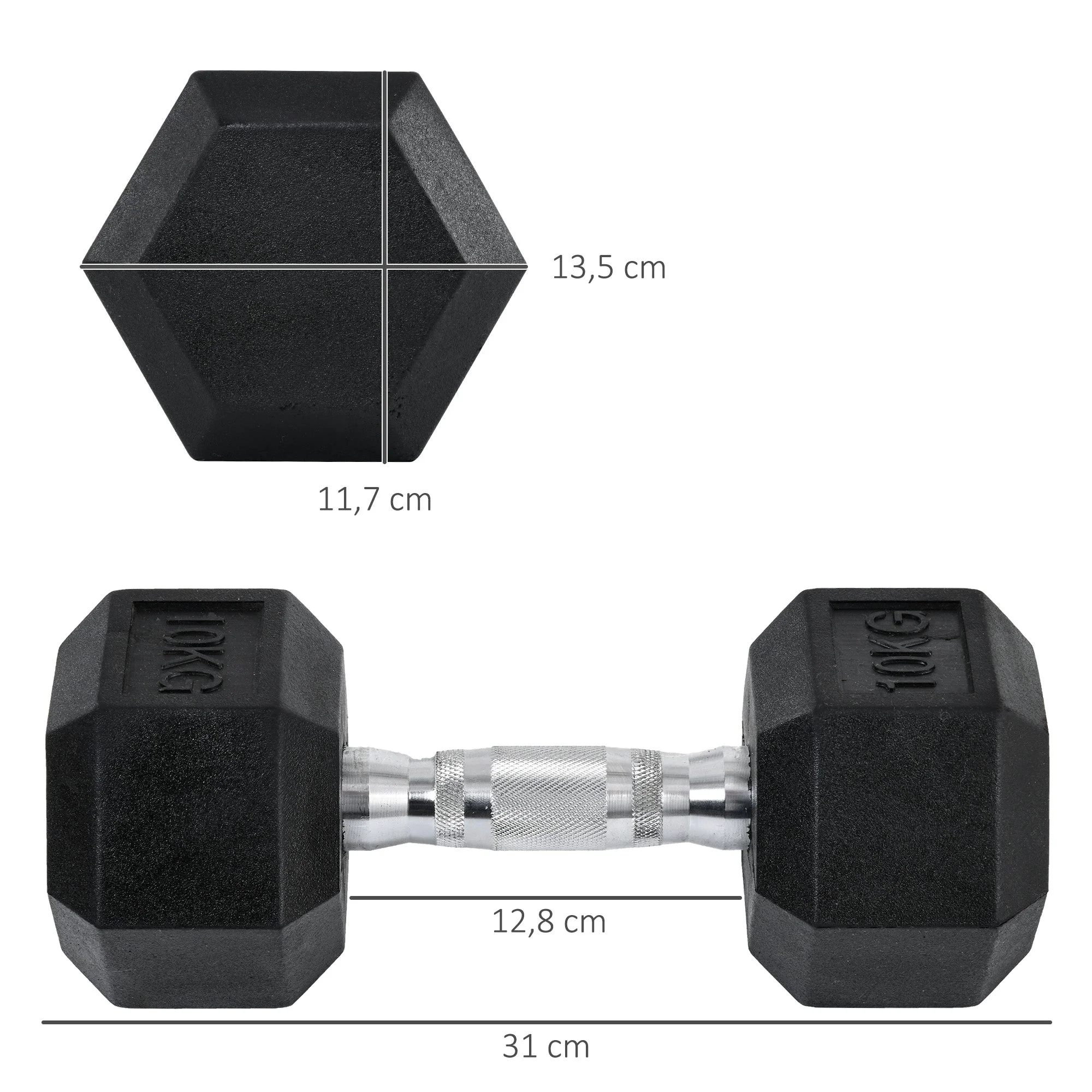 Hexagon Dumbbells Set of 2, 2x10kg Cast Iron, Rubber Coating, Black - Image 3