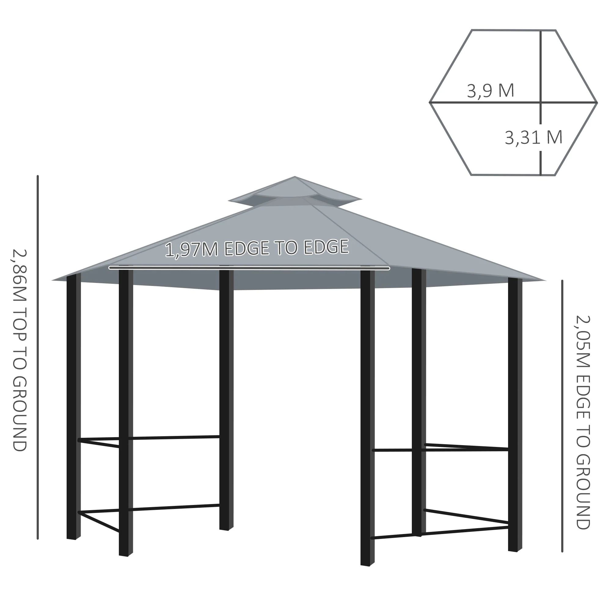 Hexagon Gazebo Patio Tent 3x3m w/ 2 Tier Roof & Side Panel - Grey - Image 3