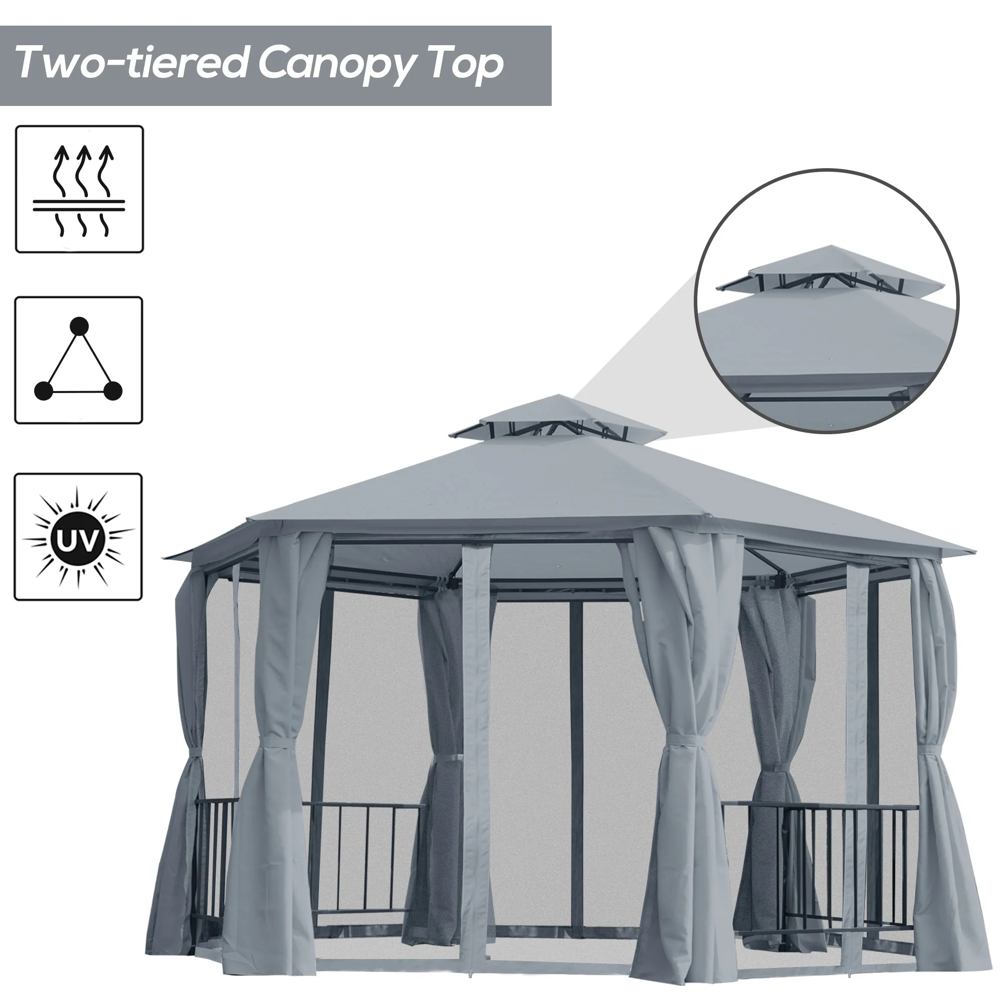 Hexagon Gazebo Patio Tent 3x3m w/ 2 Tier Roof & Side Panel - Grey - Image 4