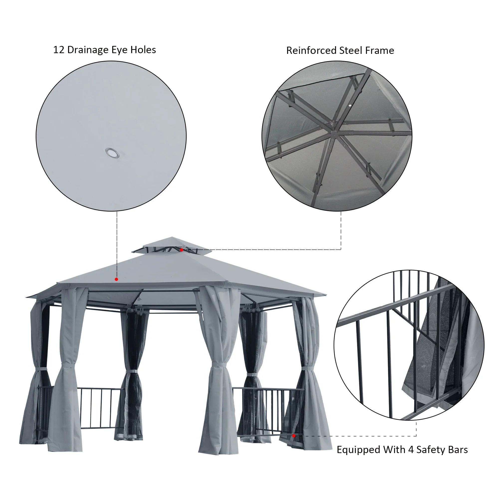 Hexagon Gazebo Patio Tent 3x3m w/ 2 Tier Roof & Side Panel - Grey - Image 5
