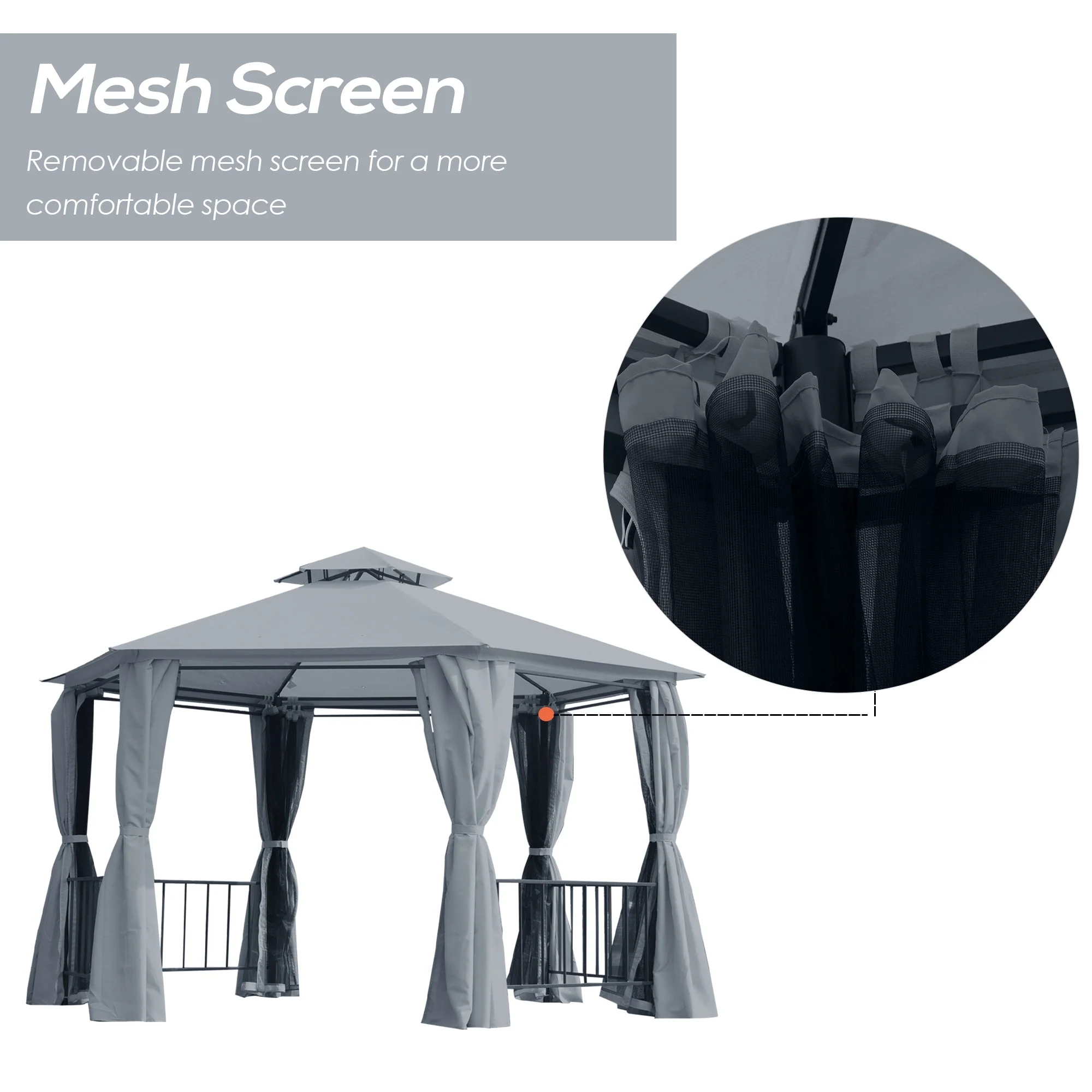 Hexagon Gazebo Patio Tent 3x3m w/ 2 Tier Roof & Side Panel - Grey - Image 6