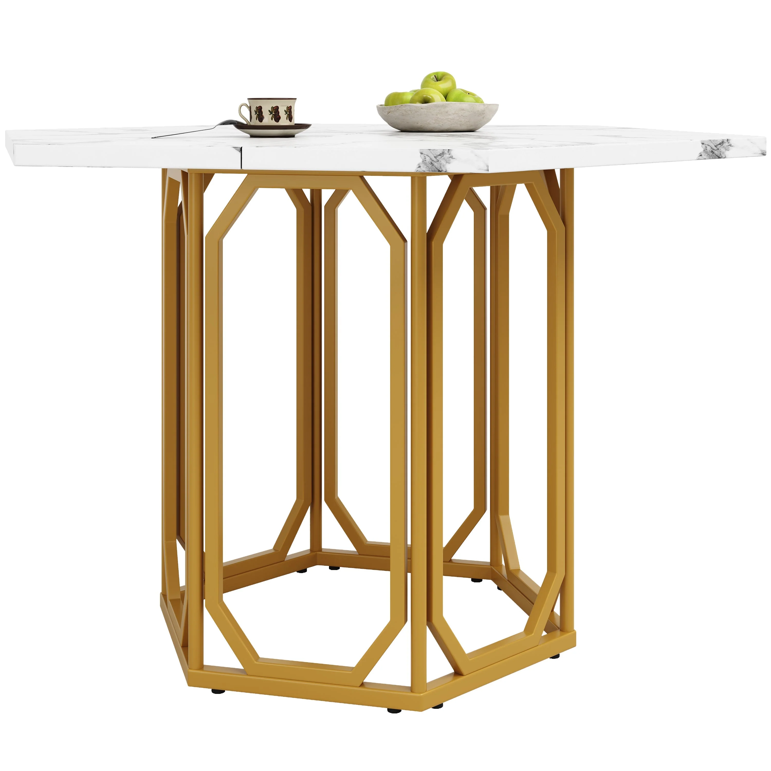 Hexagonal Marble Table Metal Legs - Gold - Image 5