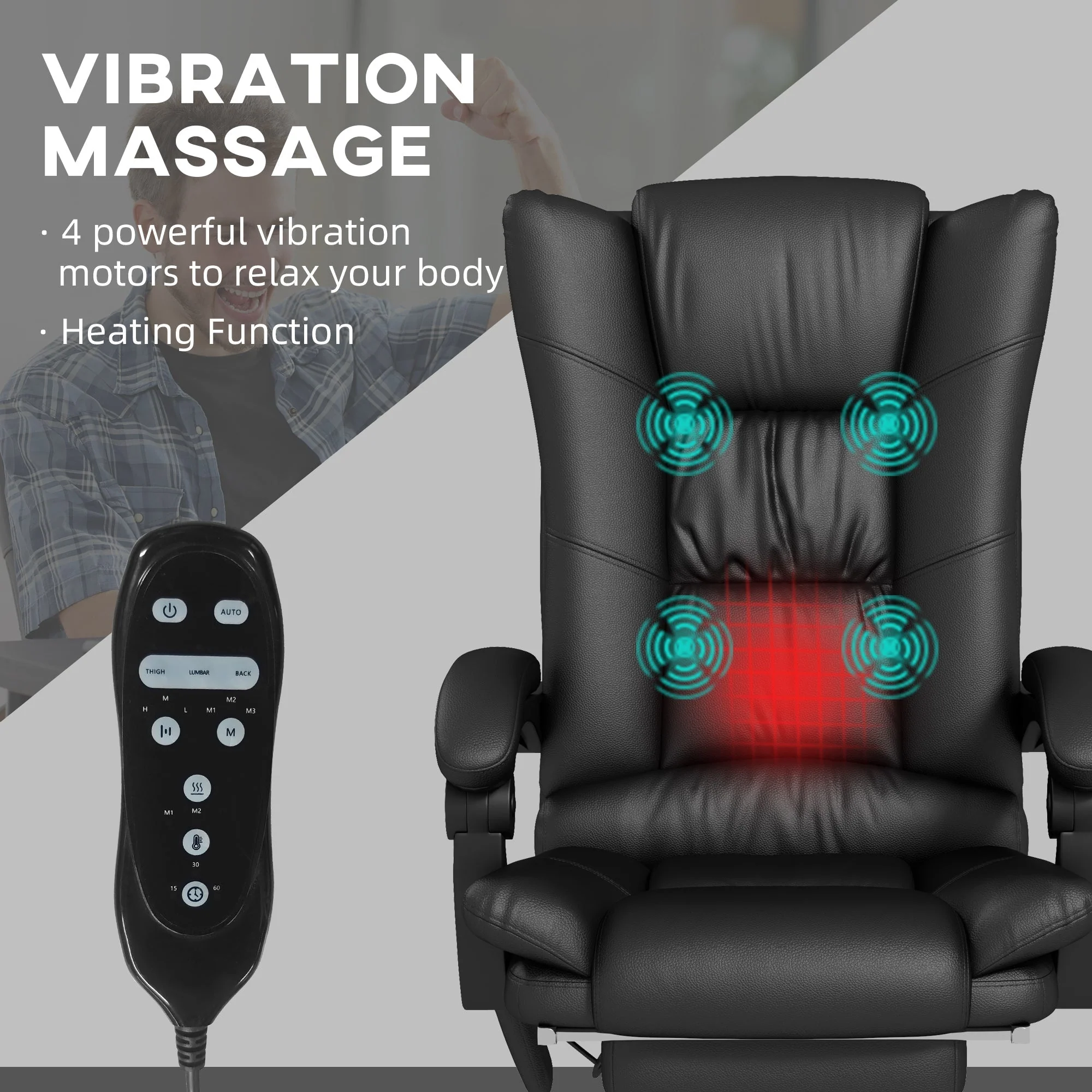 High Back Office Chair, Vibration Massage Heated Reclining 135° Footrest, PU Leather Black - Image 4