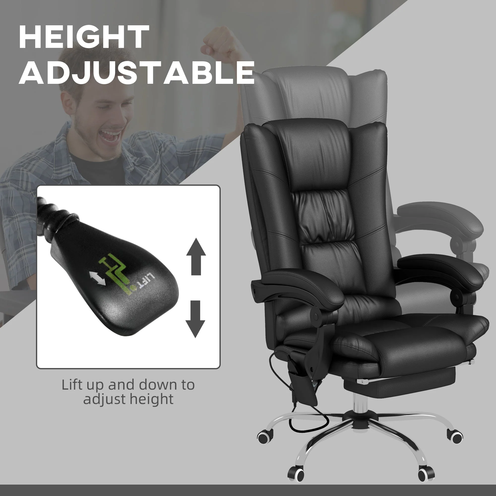 High Back Office Chair, Vibration Massage Heated Reclining 135° Footrest, PU Leather Black - Image 5