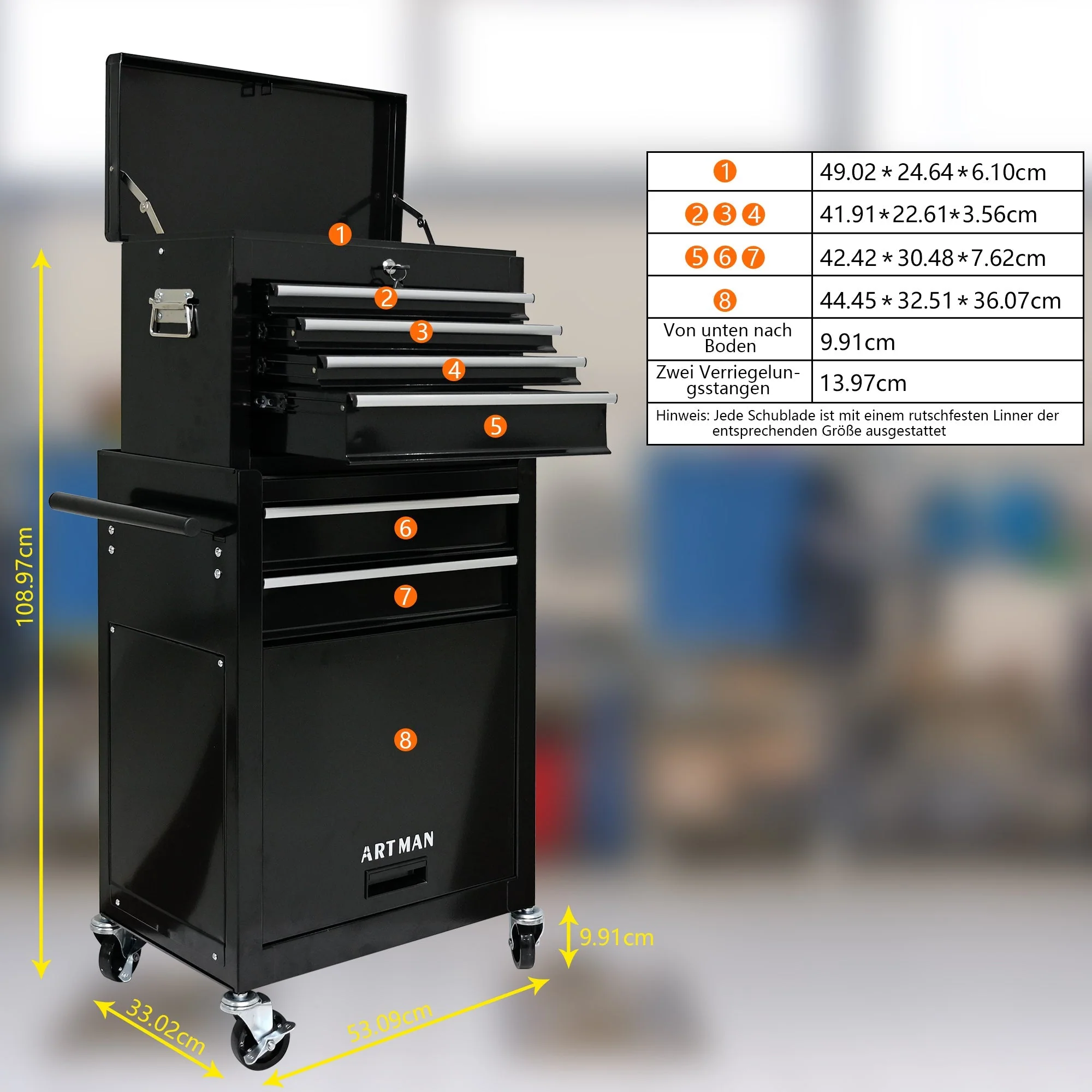 High-capacity Rolling Tool Chest, 6-Drawer Storage Cabinet with Wheels, Black - Image 5