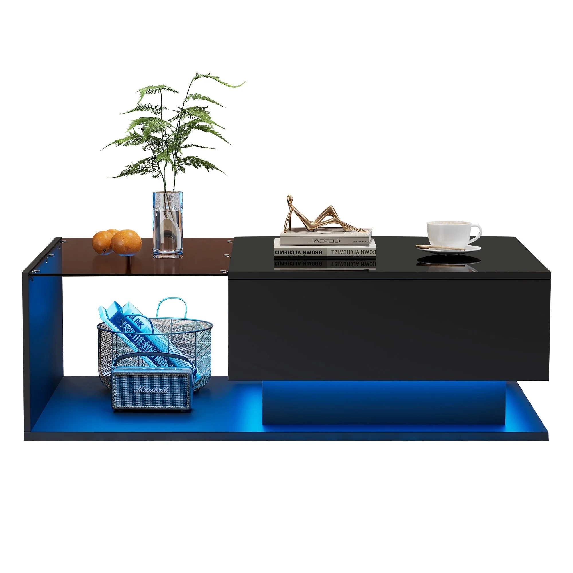 High-gloss Black Coffee Table with Glass Top & Drawers - Image 5