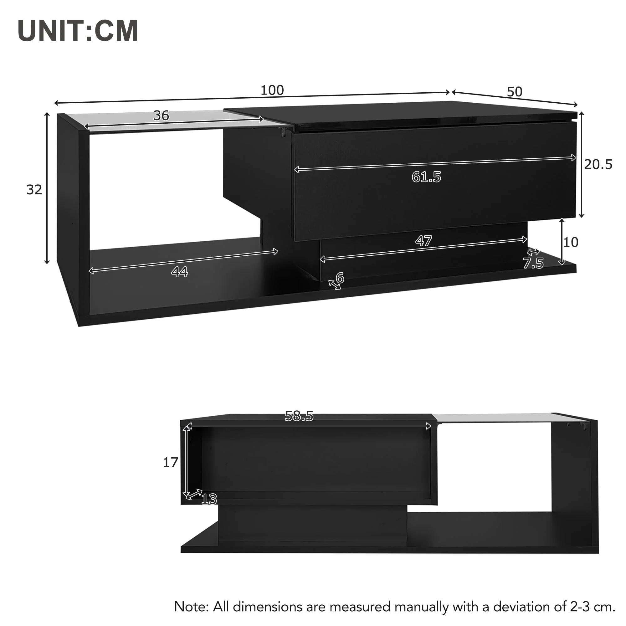 High-gloss Black Coffee Table with Glass Top & Drawers - Image 9