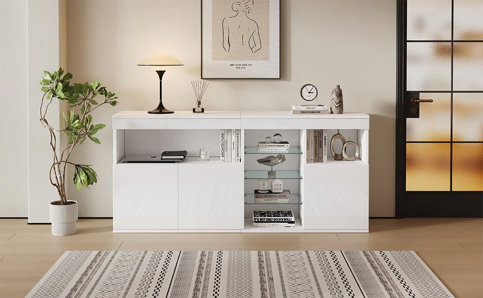 High-Gloss Cabinet 155.5cm LED 3 Doors Glass Partitions - White - Image 10