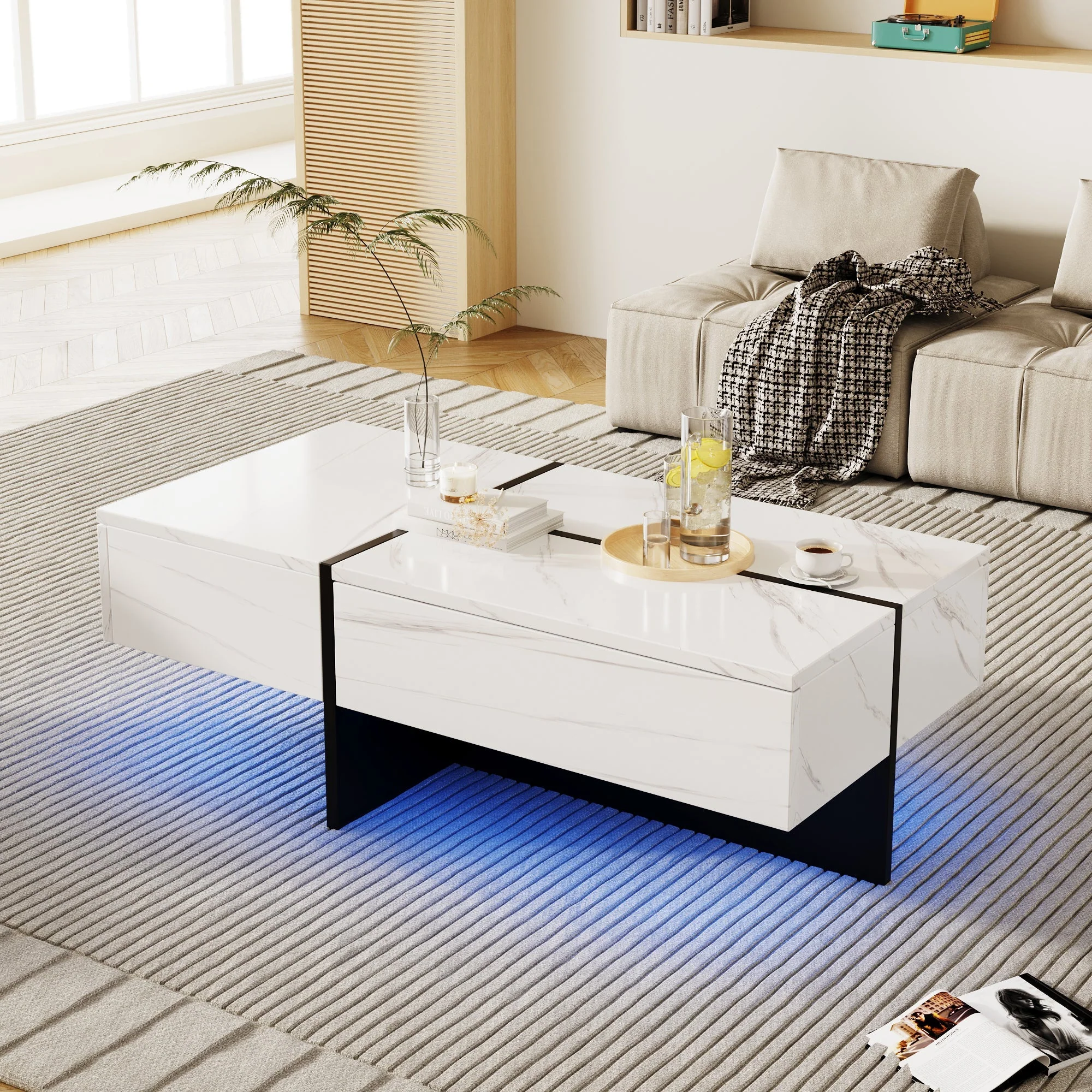 High-Gloss Coffee Table, 100x50x34.5cm, White Marble & Black Top - Image 2