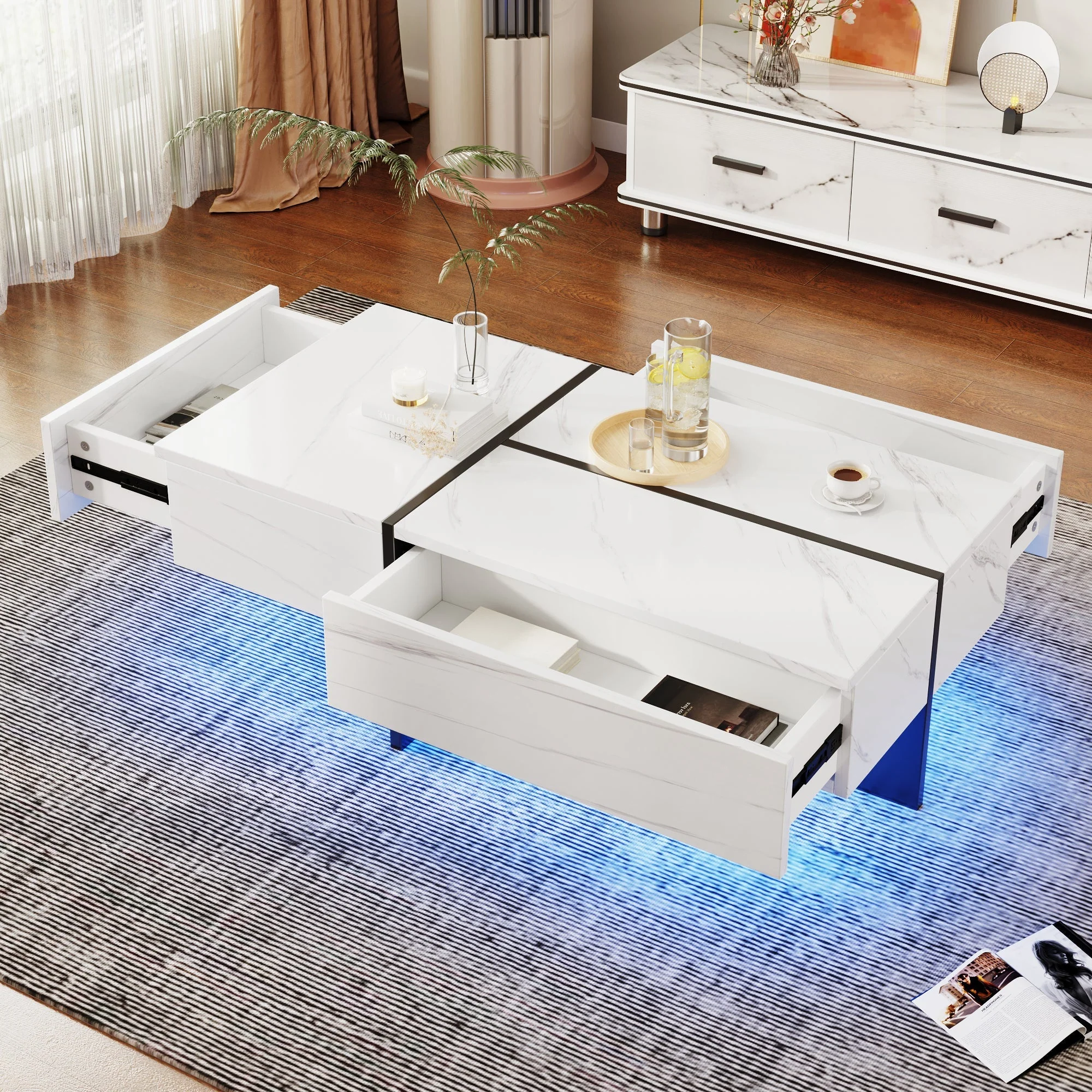 High-Gloss Coffee Table, 100x50x34.5cm, White Marble & Black Top - Image 7