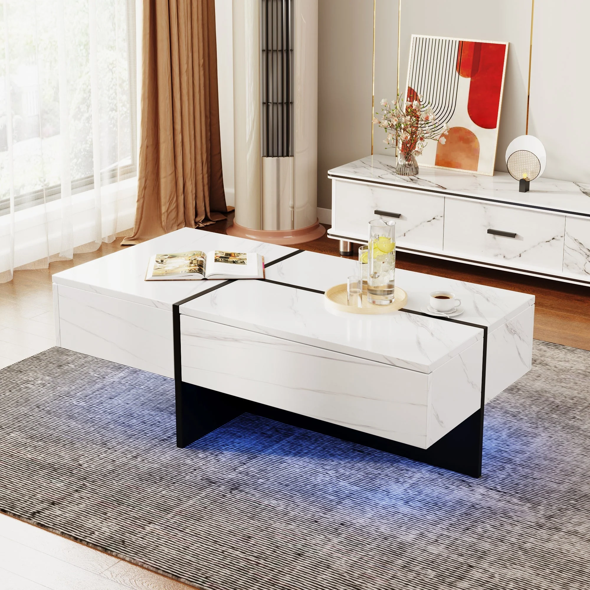 High-Gloss Coffee Table, 100x50x34.5cm, White Marble & Black Top - Image 8