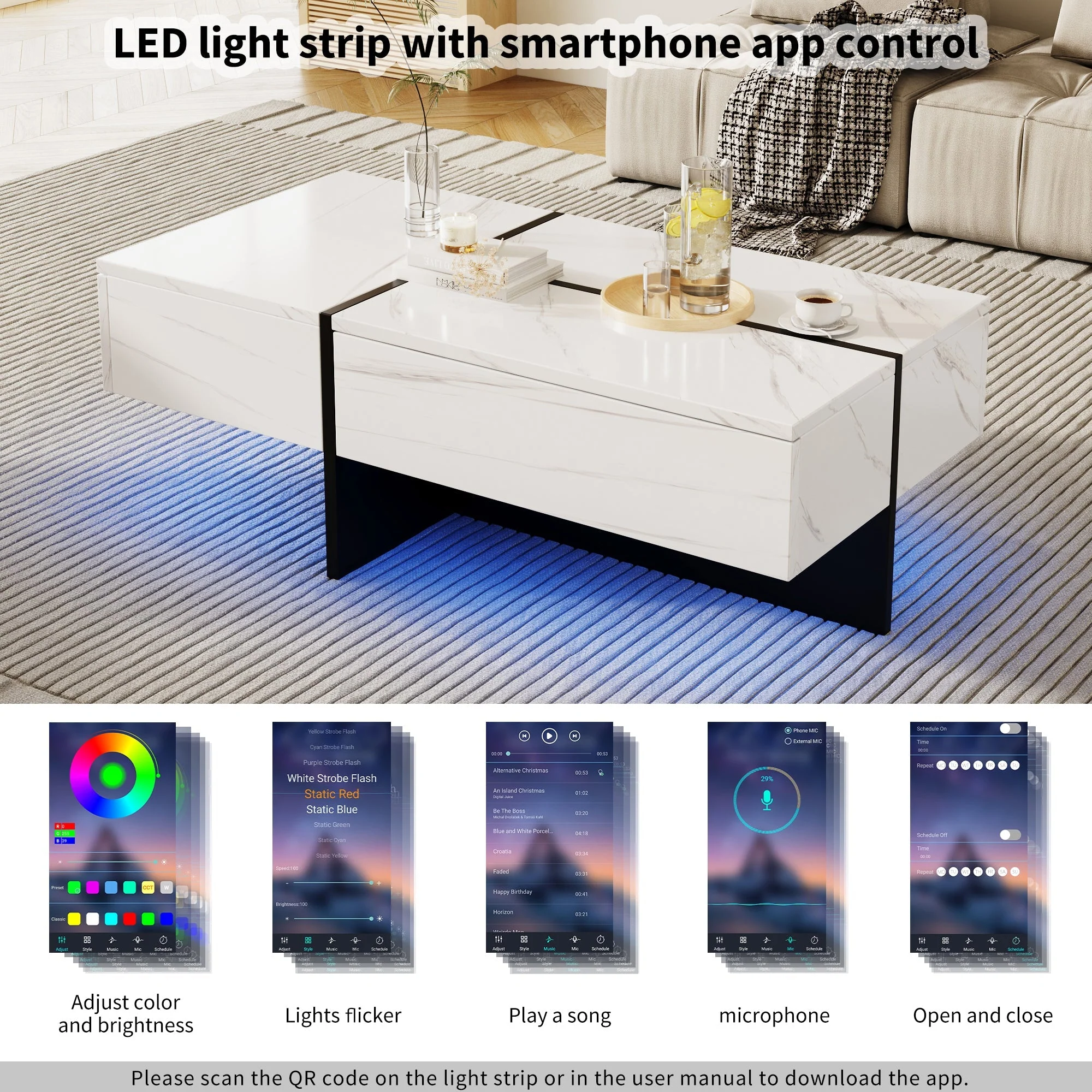 High-Gloss Coffee Table, LED Lighting and Drawers, White Marble-Effect - Image 5