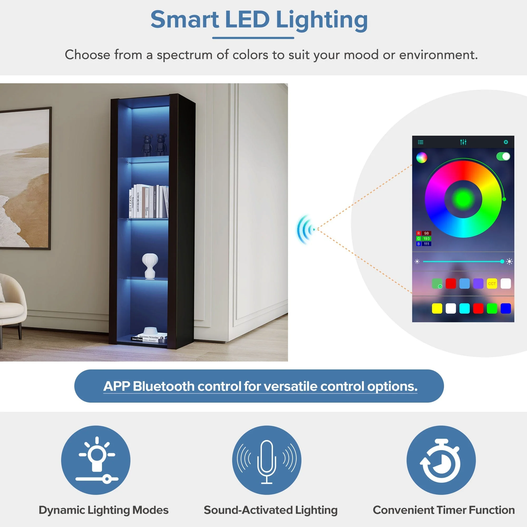 High-Gloss Display Cabinet with LED Lighting, 3 Glass Compartments, Black - Image 3