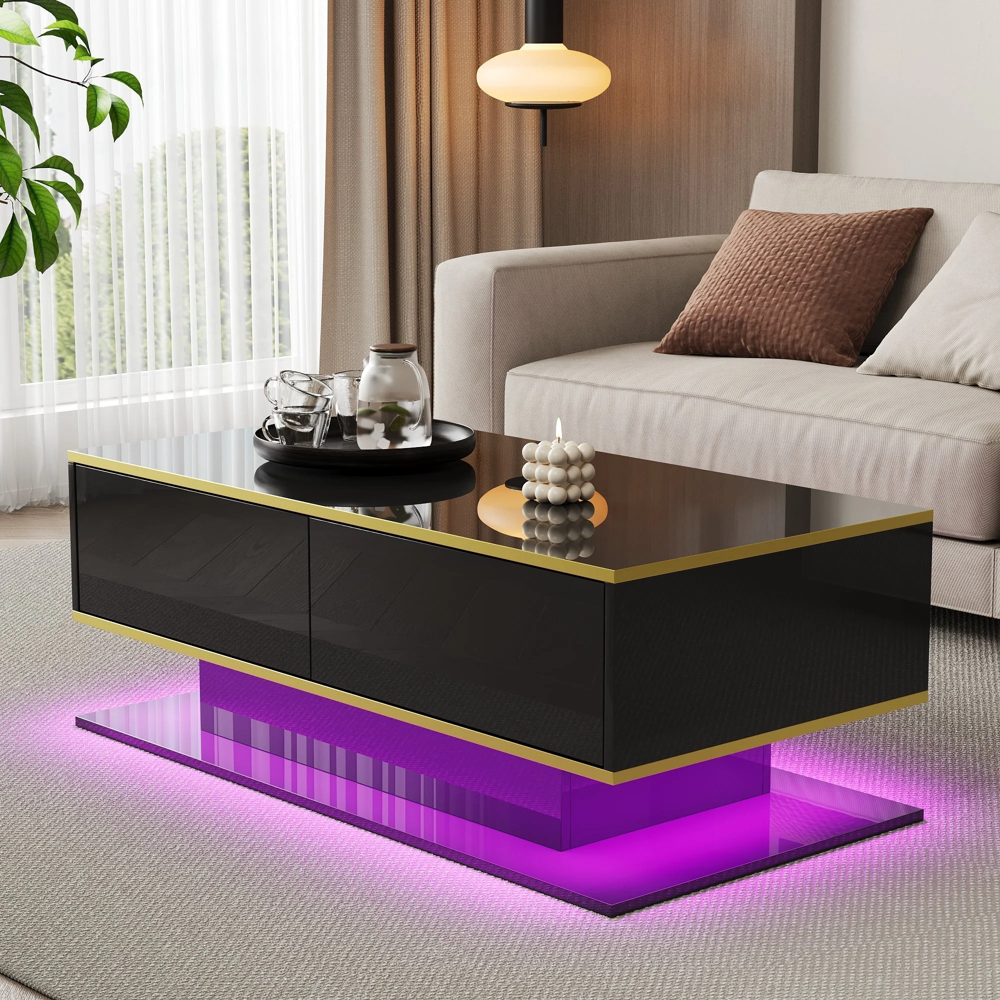 High-Gloss LED Coffee Table Modern 100cm with 3 Drawers USB Light Strip Gold Trim - Image 3