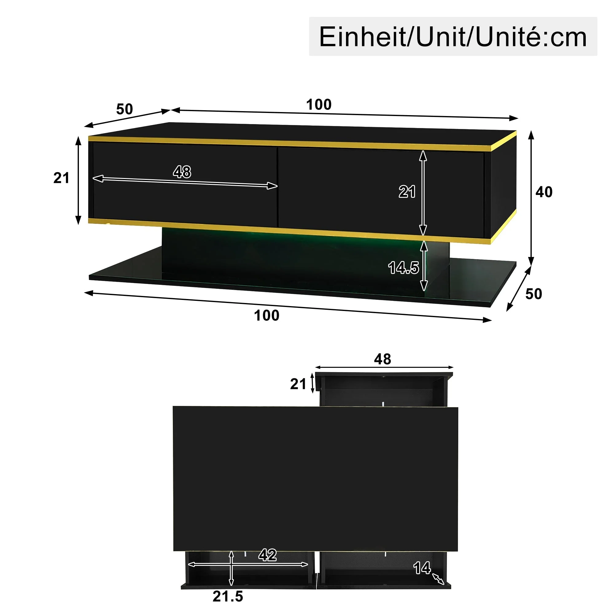 High-Gloss LED Coffee Table Modern 100cm with 3 Drawers USB Light Strip Gold Trim - Image 4