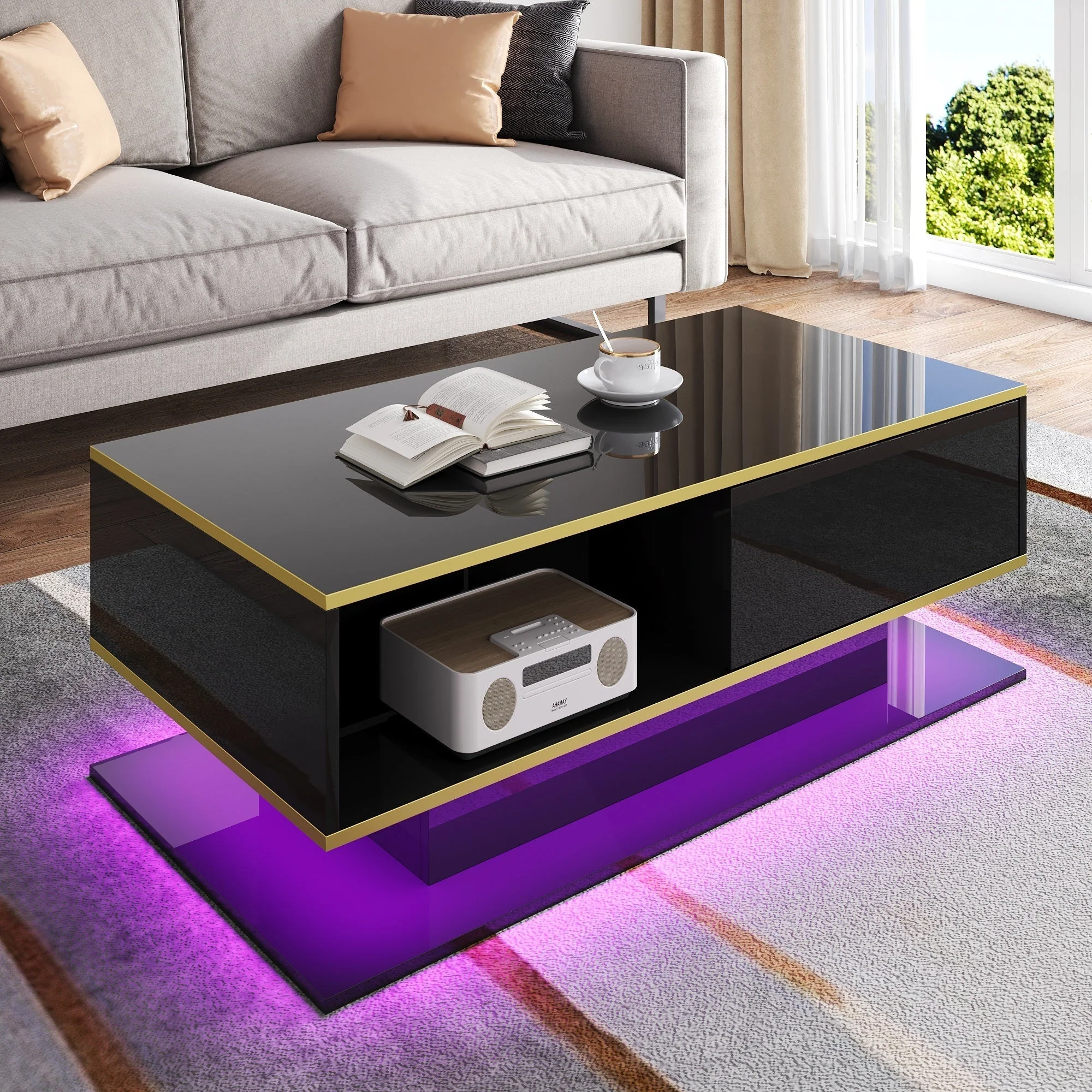 High-Gloss LED Coffee Table Modern 100cm with 3 Drawers USB Light Strip Gold Trim - Image 5