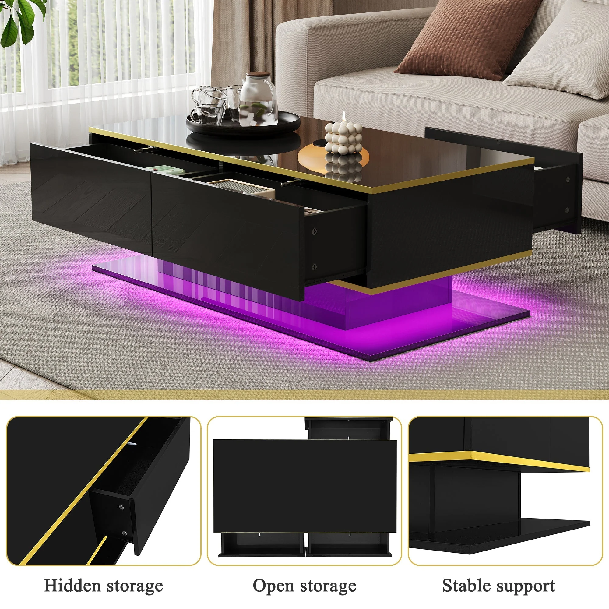 High-Gloss LED Coffee Table Modern 100cm with 3 Drawers USB Light Strip Gold Trim - Image 9
