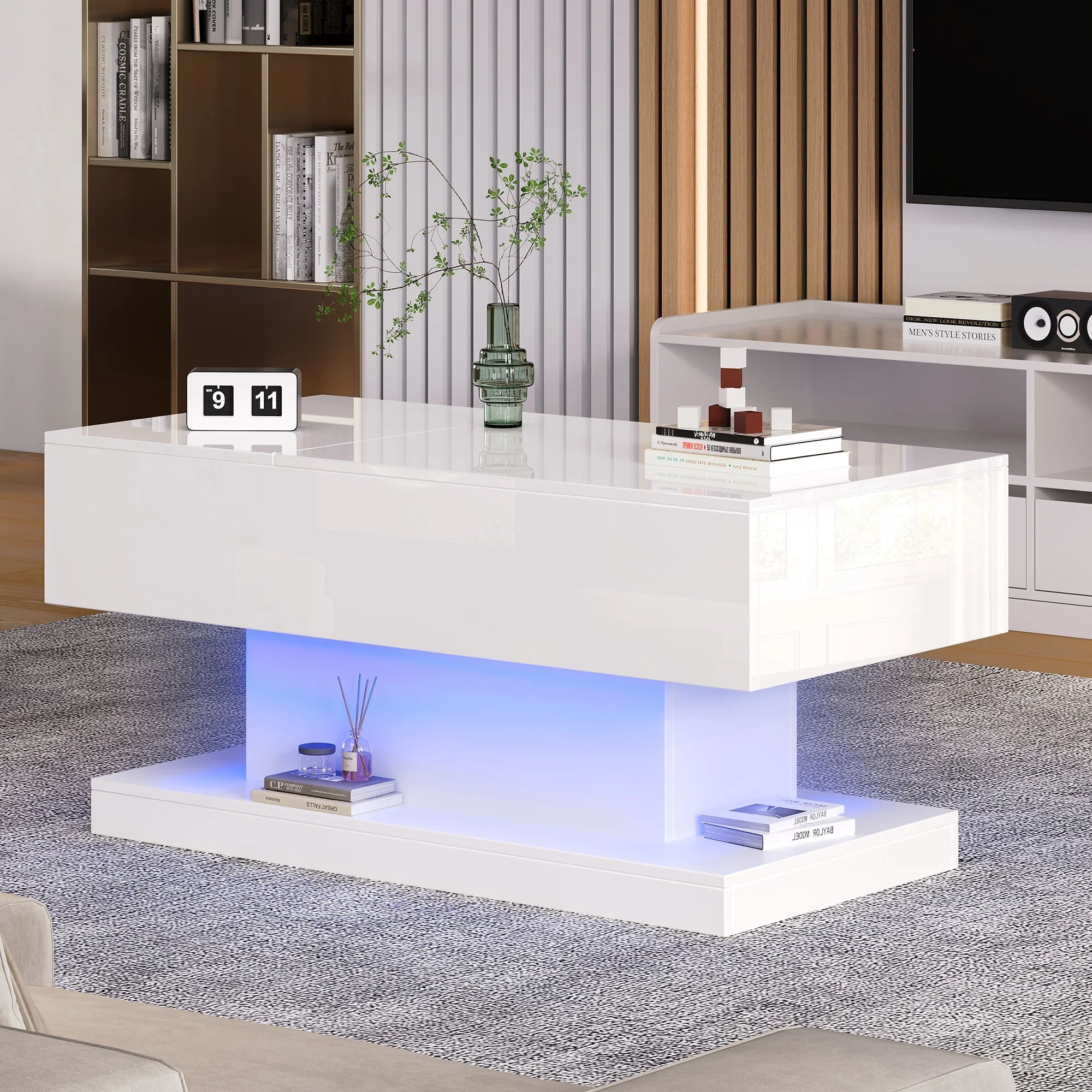 High-gloss Lift-up Tea Table, LED Coffee Table, 100x50x45 cm with Storage, White - Image 6