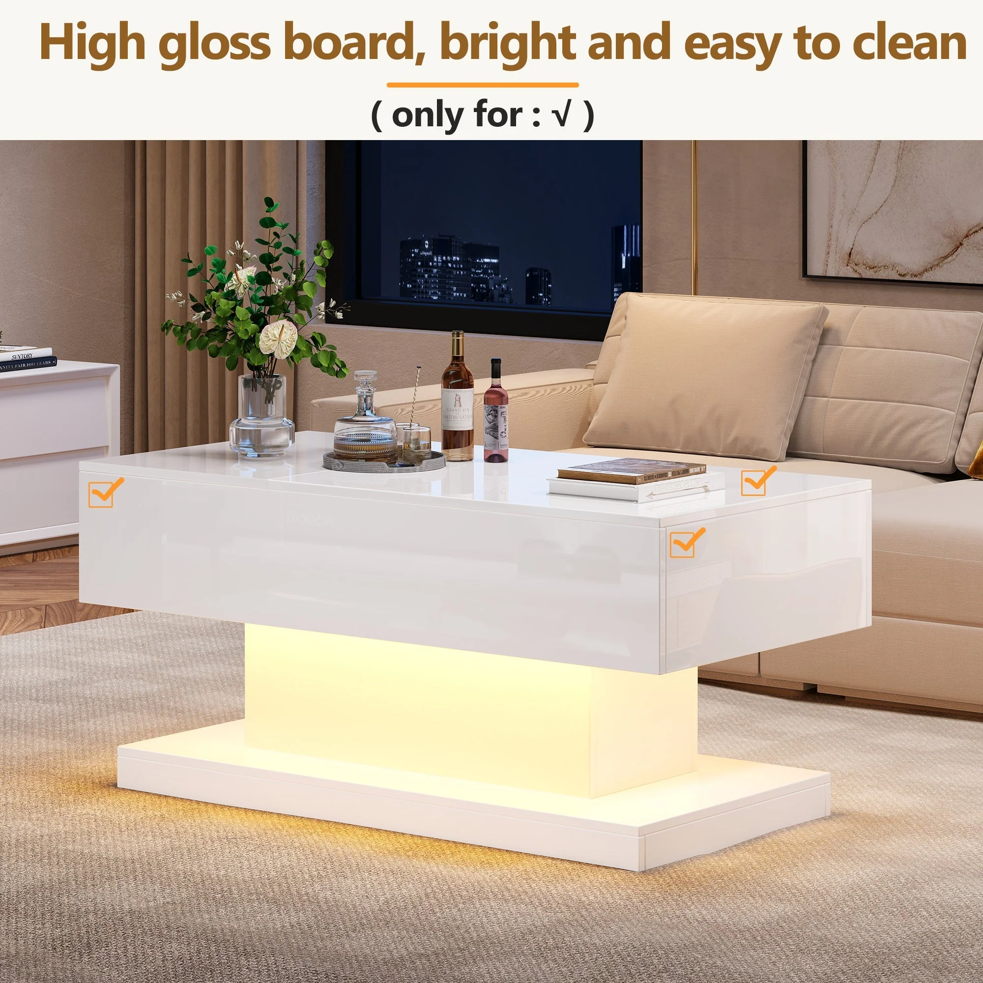 High Gloss Lift Up Top Coffee Table with Storage, Extendable Desktop Dinning Table 100 x 50 x 45 cm, Height Adjustable Tabletop, Retractable Desk - Image 3