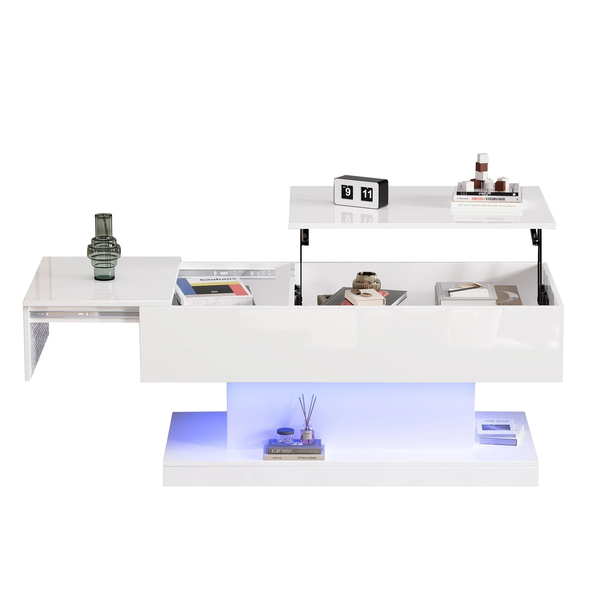 High Gloss Lift Up Top Coffee Table with Storage, Extendable Desktop Dinning Table 100 x 50 x 45 cm, Height Adjustable Tabletop, Retractable Desk - Image 4