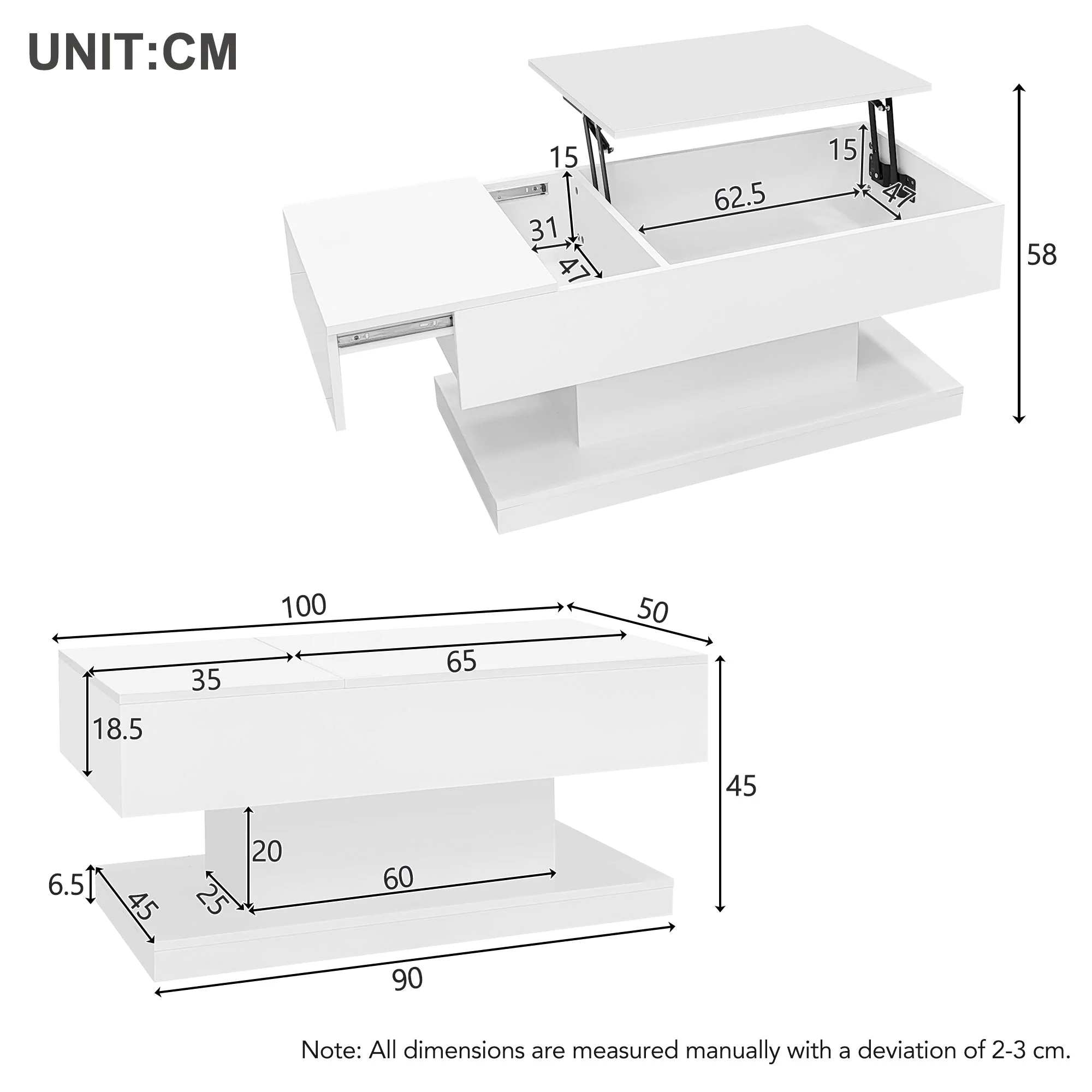 High Gloss Lift Up Top Coffee Table with Storage, Extendable Desktop Dinning Table 100 x 50 x 45 cm, Height Adjustable Tabletop, Retractable Desk - Image 5
