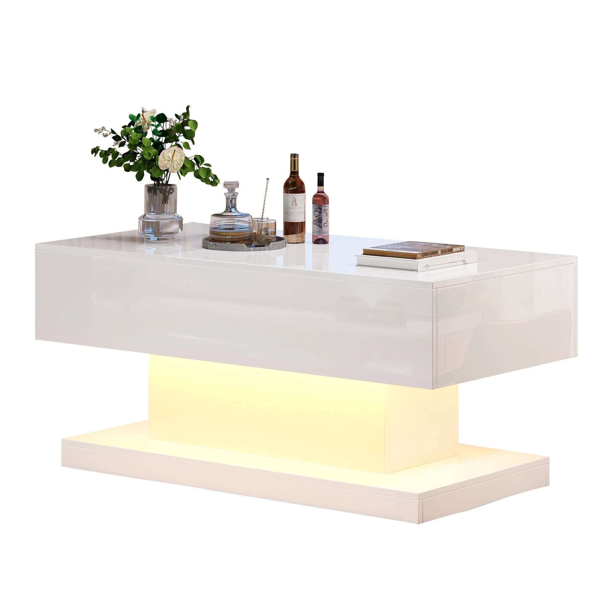 High Gloss Lift Up Top Coffee Table with Storage, Extendable Desktop Dinning Table 100 x 50 x 45 cm, Height Adjustable Tabletop, Retractable Desk - Image 6