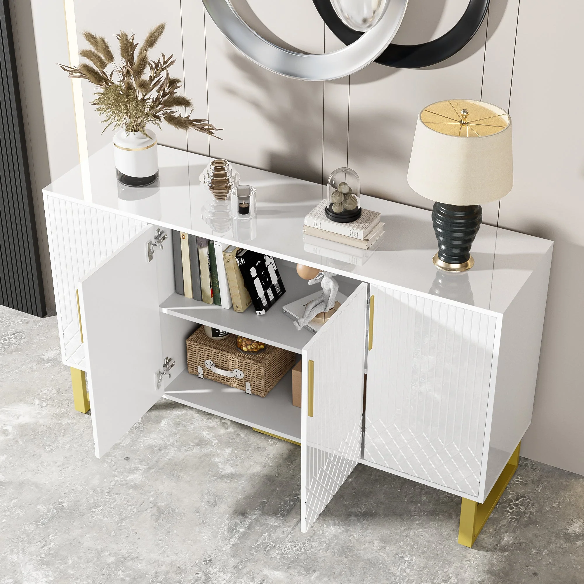 High-gloss Sideboard, 4 Doors, Metal Handles & Legs, White - Image 5