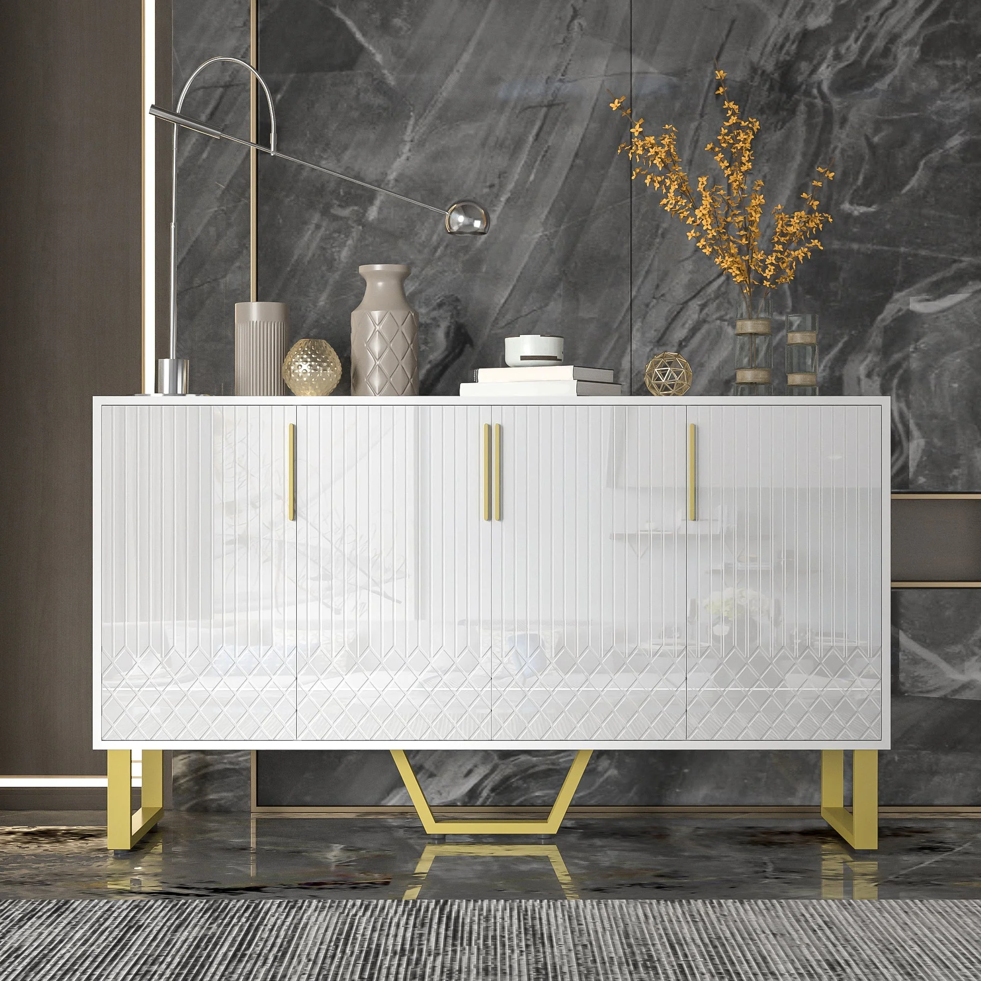 High-gloss Sideboard, 4 Doors, Metal Handles & Legs, White - Image 8