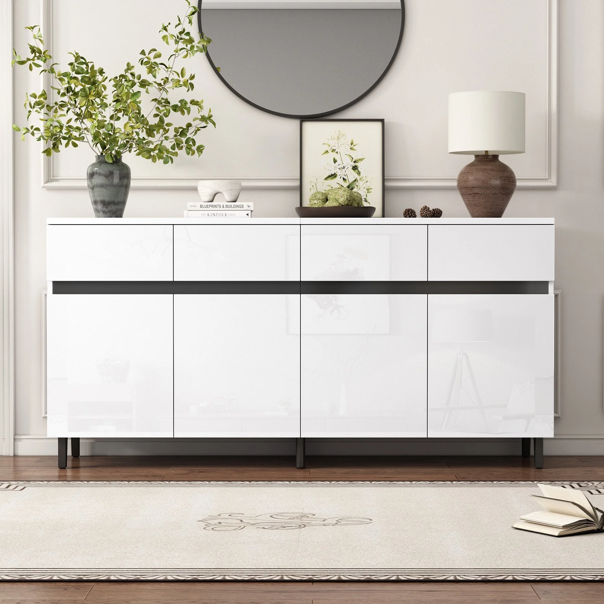 High-Gloss Sideboard 4 Drawers 2 Doors Adjustable Shelves - Image 4
