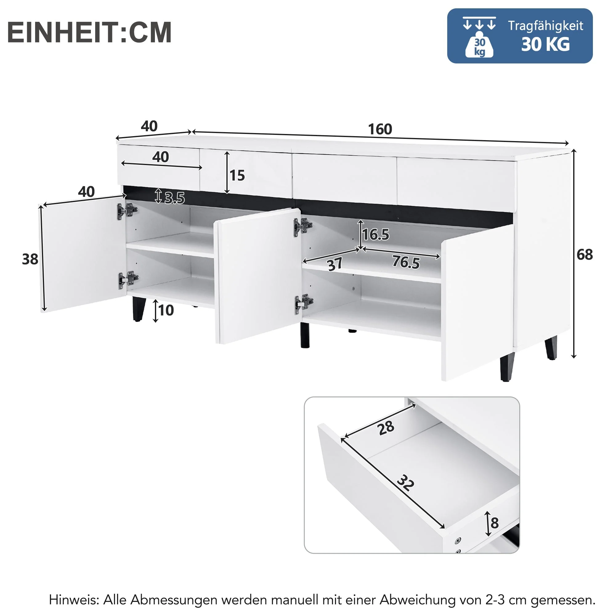 High-Gloss Sideboard 4 Drawers 2 Doors Adjustable Shelves - Image 7