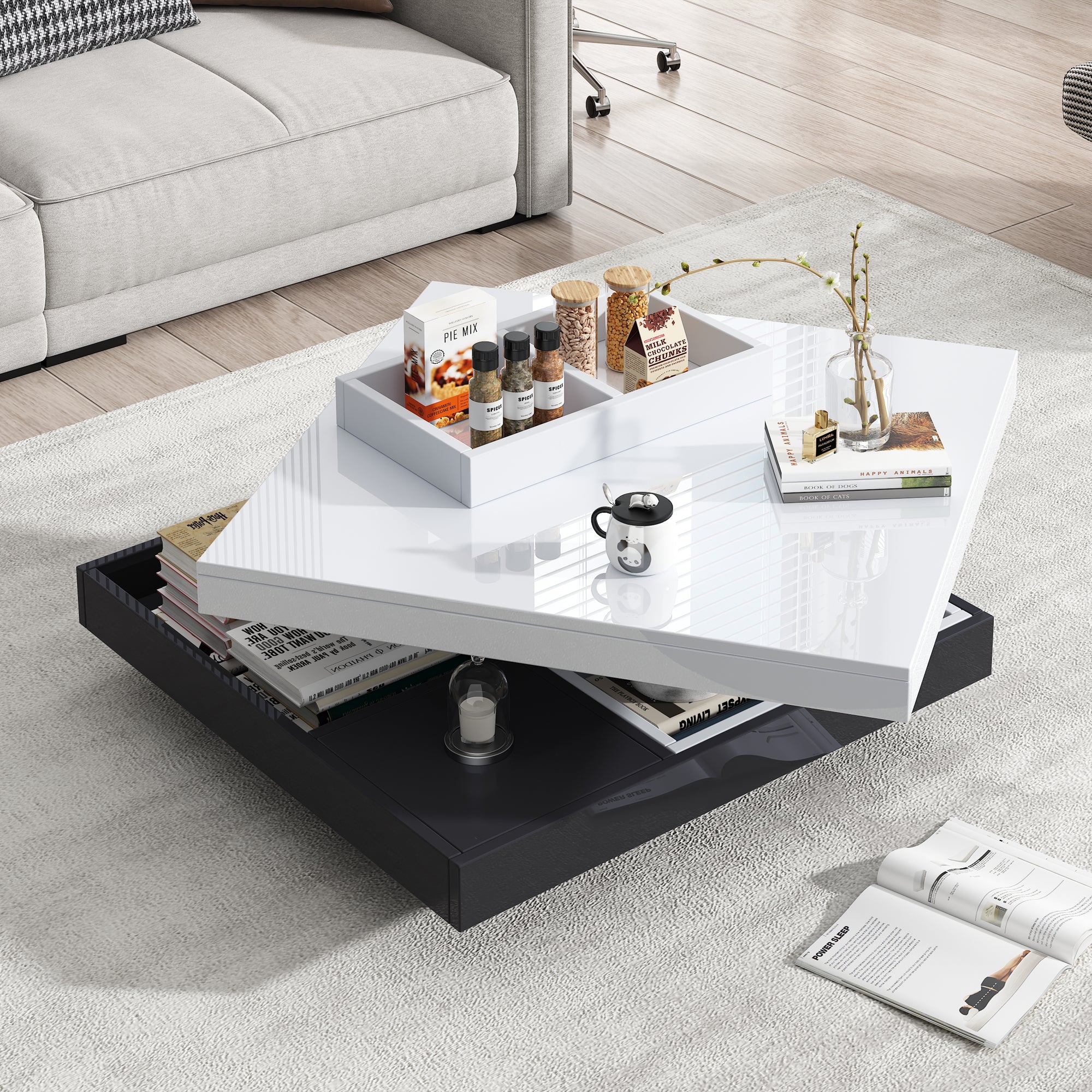 High-gloss tabletop coffee table, 360° rotatable, 2-tier with storage, white and black - Image 2