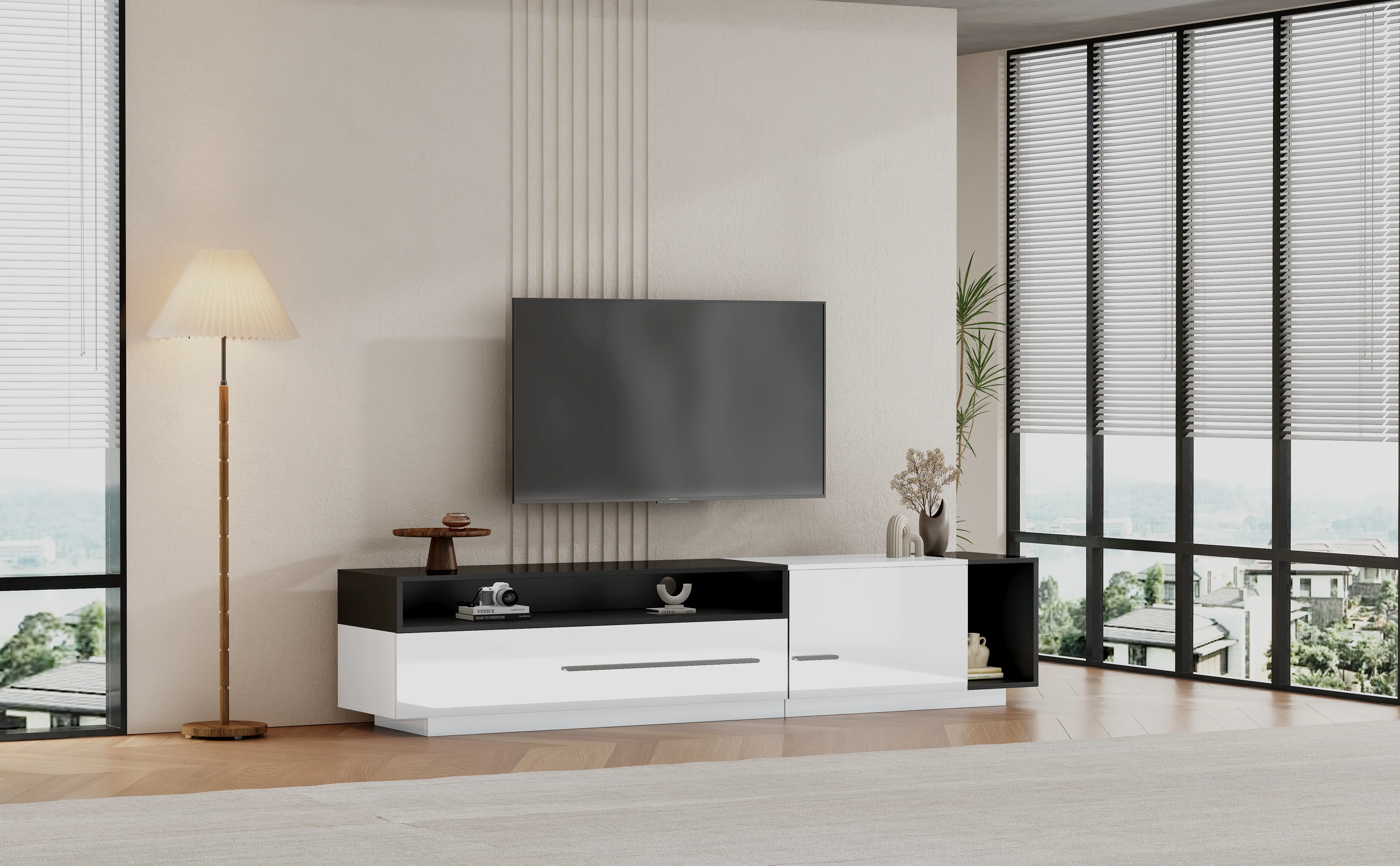 High-Gloss TV Cabinet, 170cm Lowboard for 70-inch TVs with Drawer & Door - Image 4