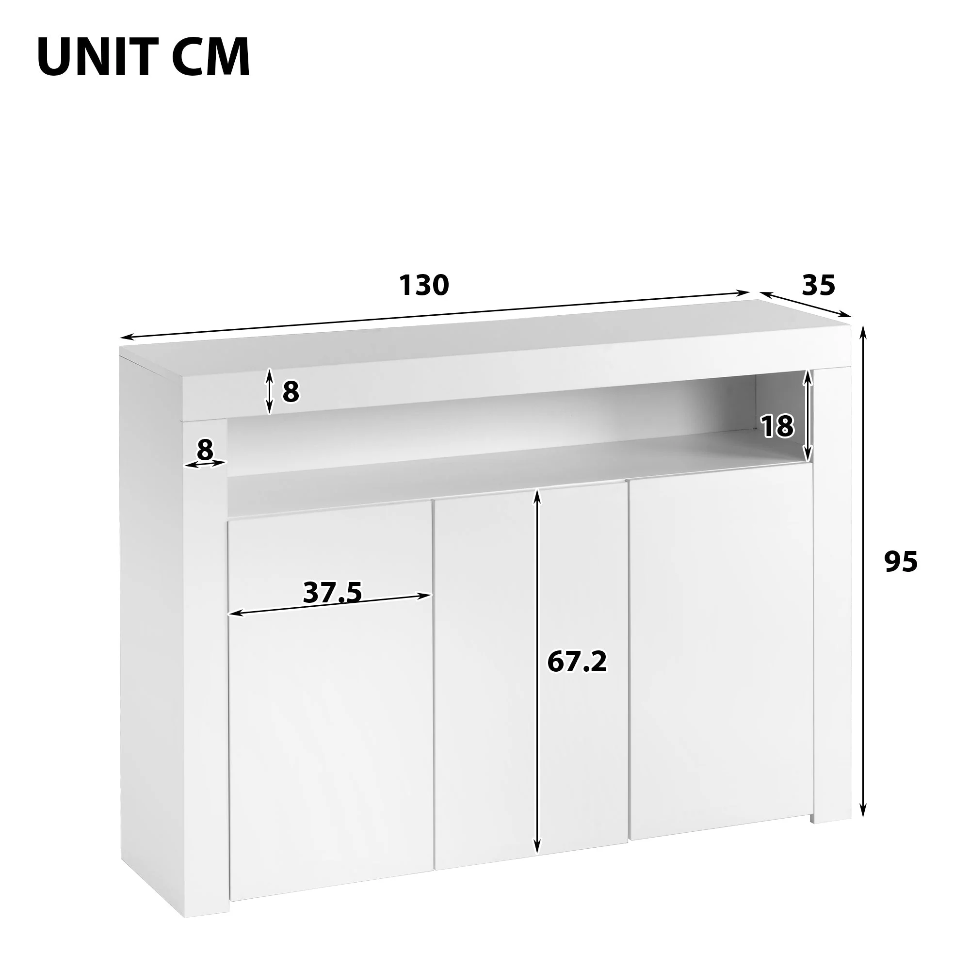 High Gloss White Sideboard Display Cabinet with LED Lights & Remote Control, Modern 3-Door Wood Buffet Storage Unit - Image 5