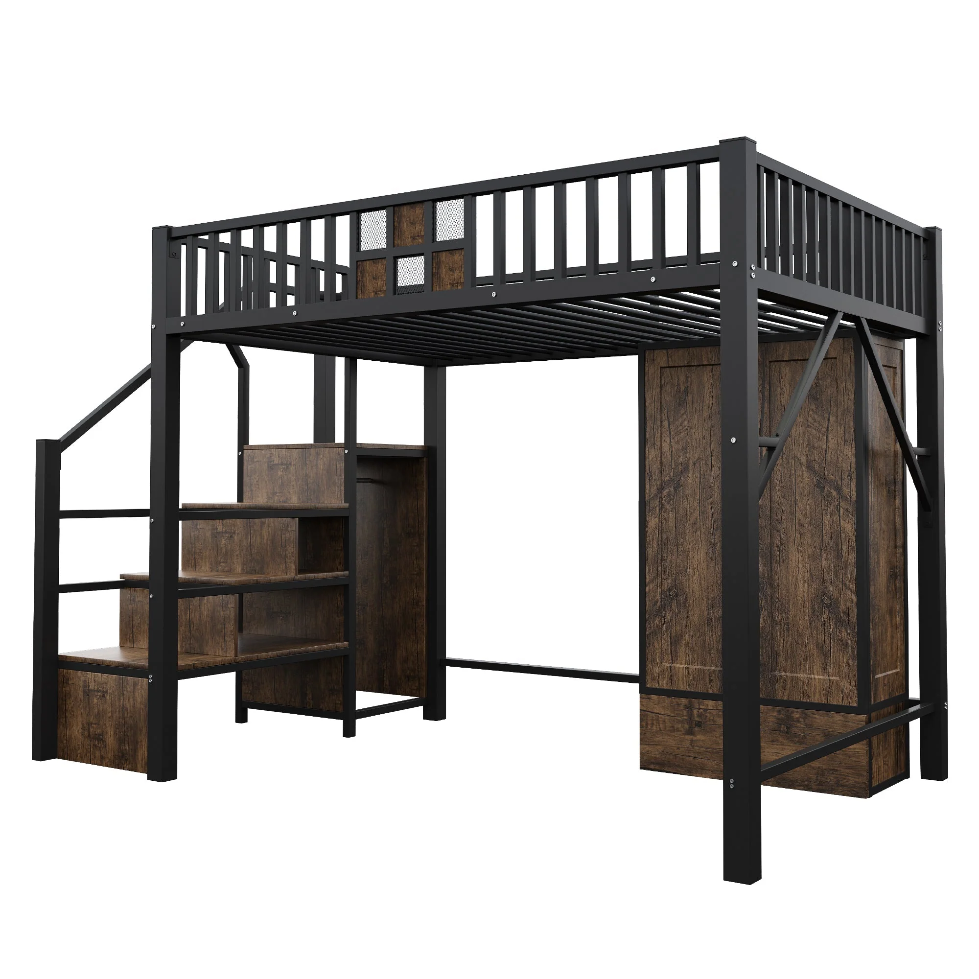 High Loft Bed with Wardrobe, Storage Ladder and Metal Frame, Black Metal and Wood - Image 6