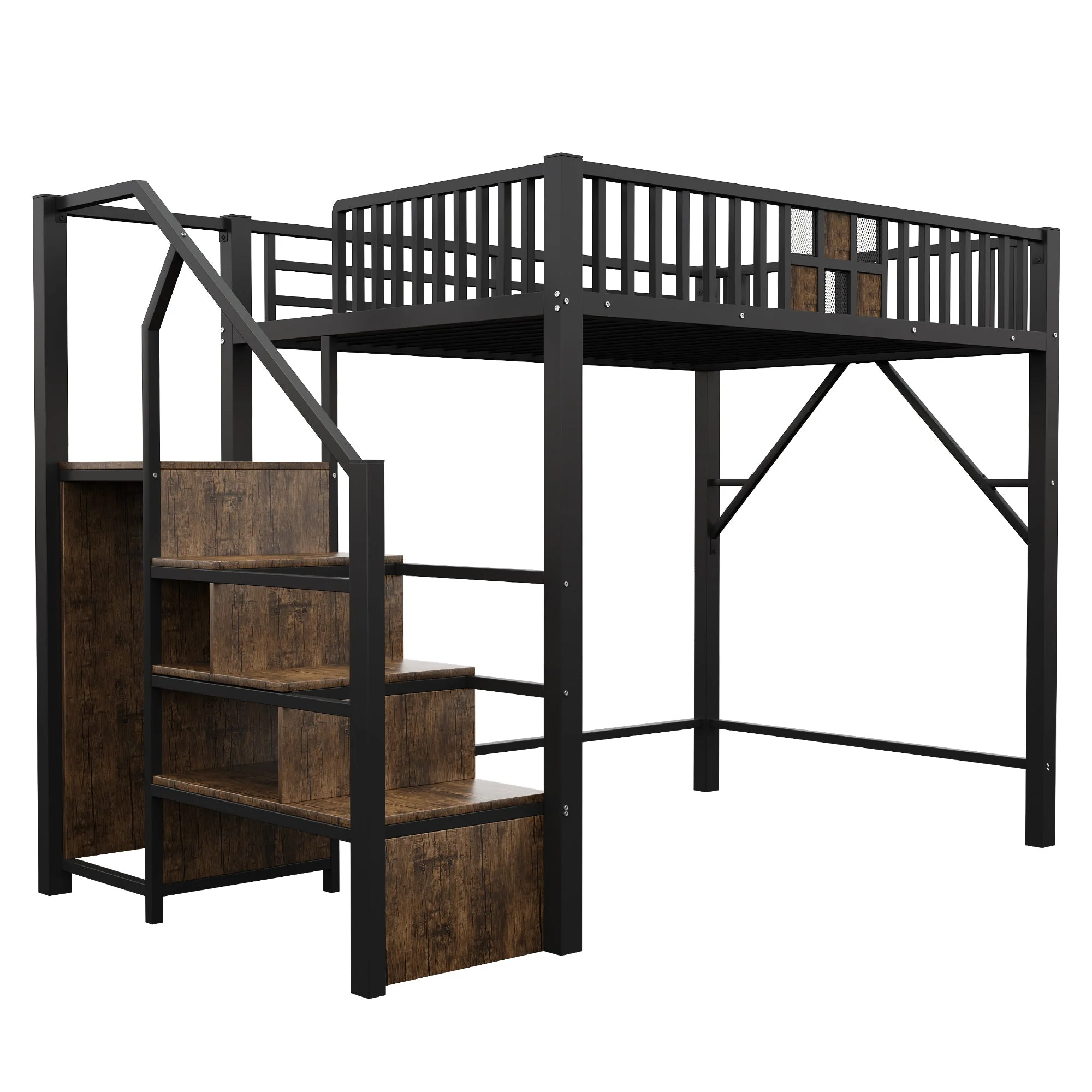 High Loft Bed with Wardrobe, Storage Ladder and Metal Frame, Black Metal and Wood - Image 8