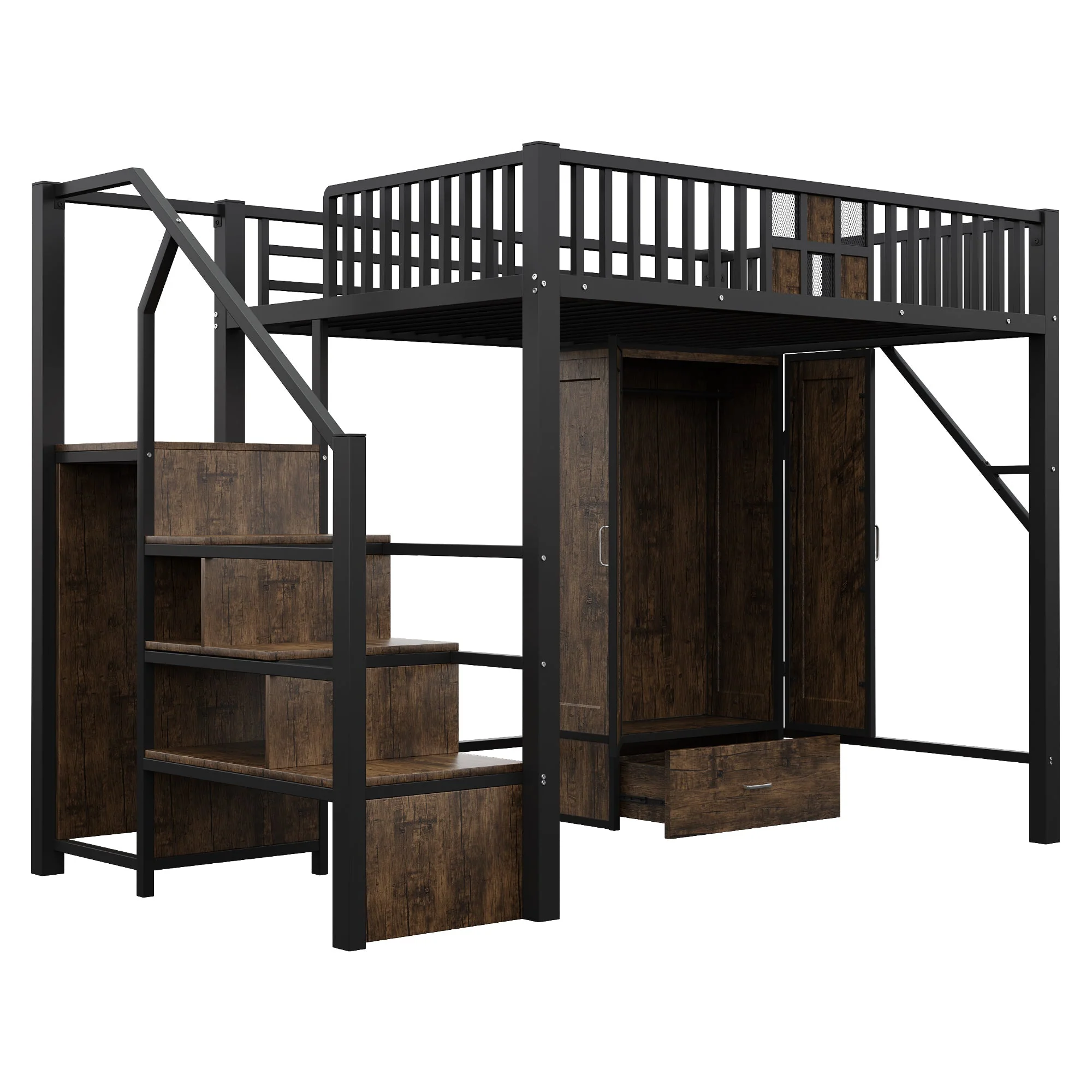 High Loft Bed with Wardrobe, Storage Ladder and Metal Frame, Black Metal and Wood - Image 9