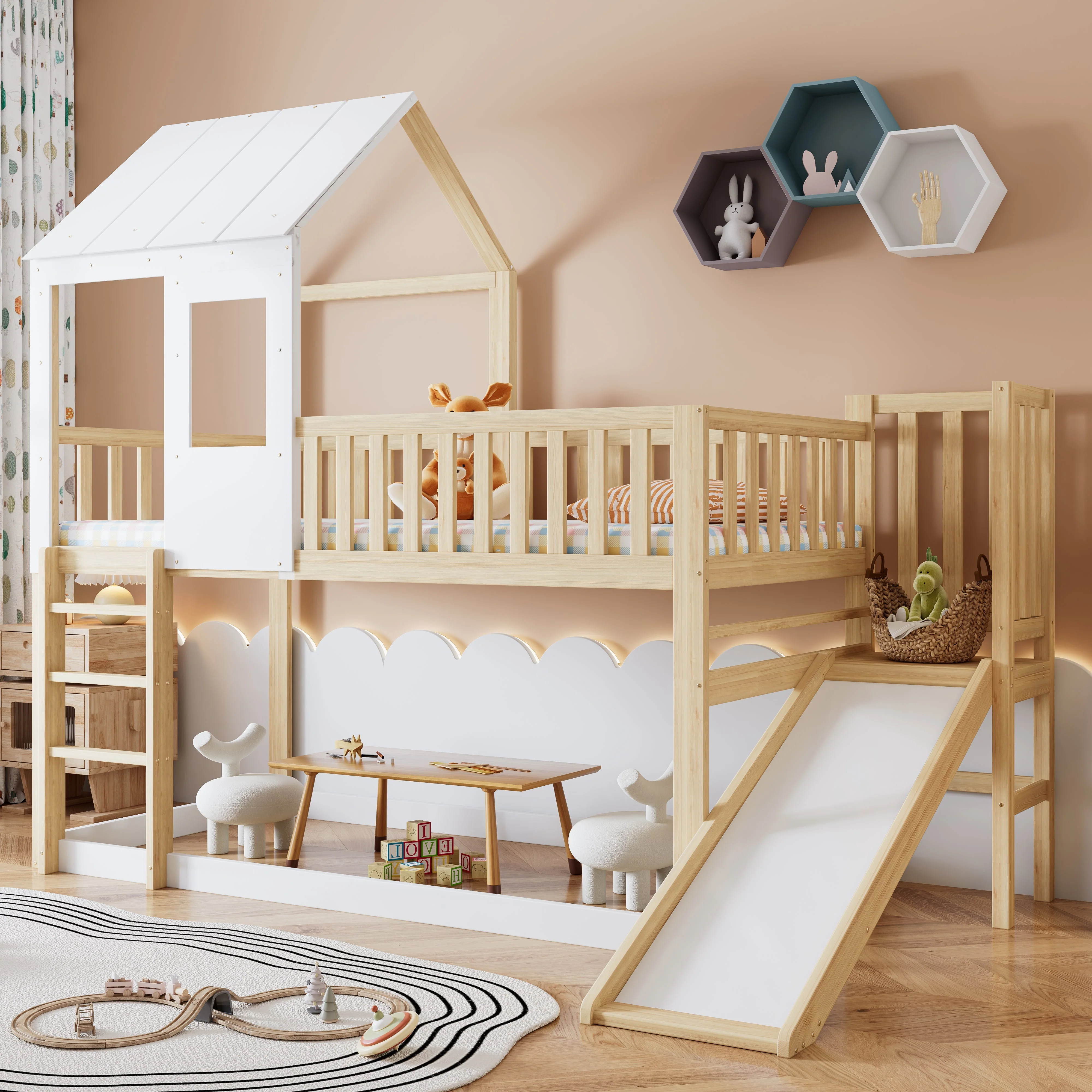 High Sleeper Bed with Slide, Roof, & Storage, 3ft Single, Pine/MDF, White/Wood Colour - Image 2