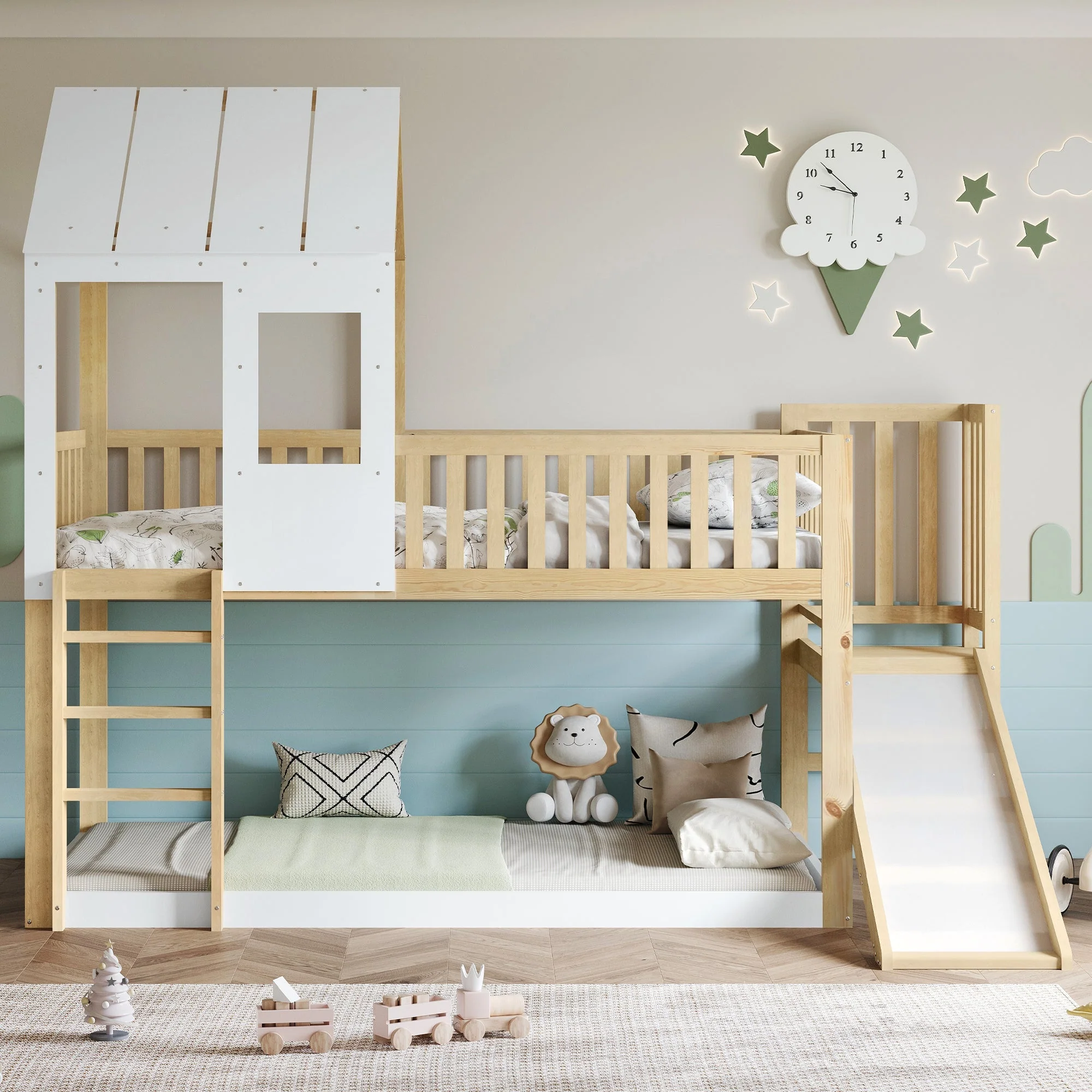 High Sleeper Bed with Slide, Roof, & Storage, 3ft Single, Pine/MDF, White/Wood Colour - Image 4