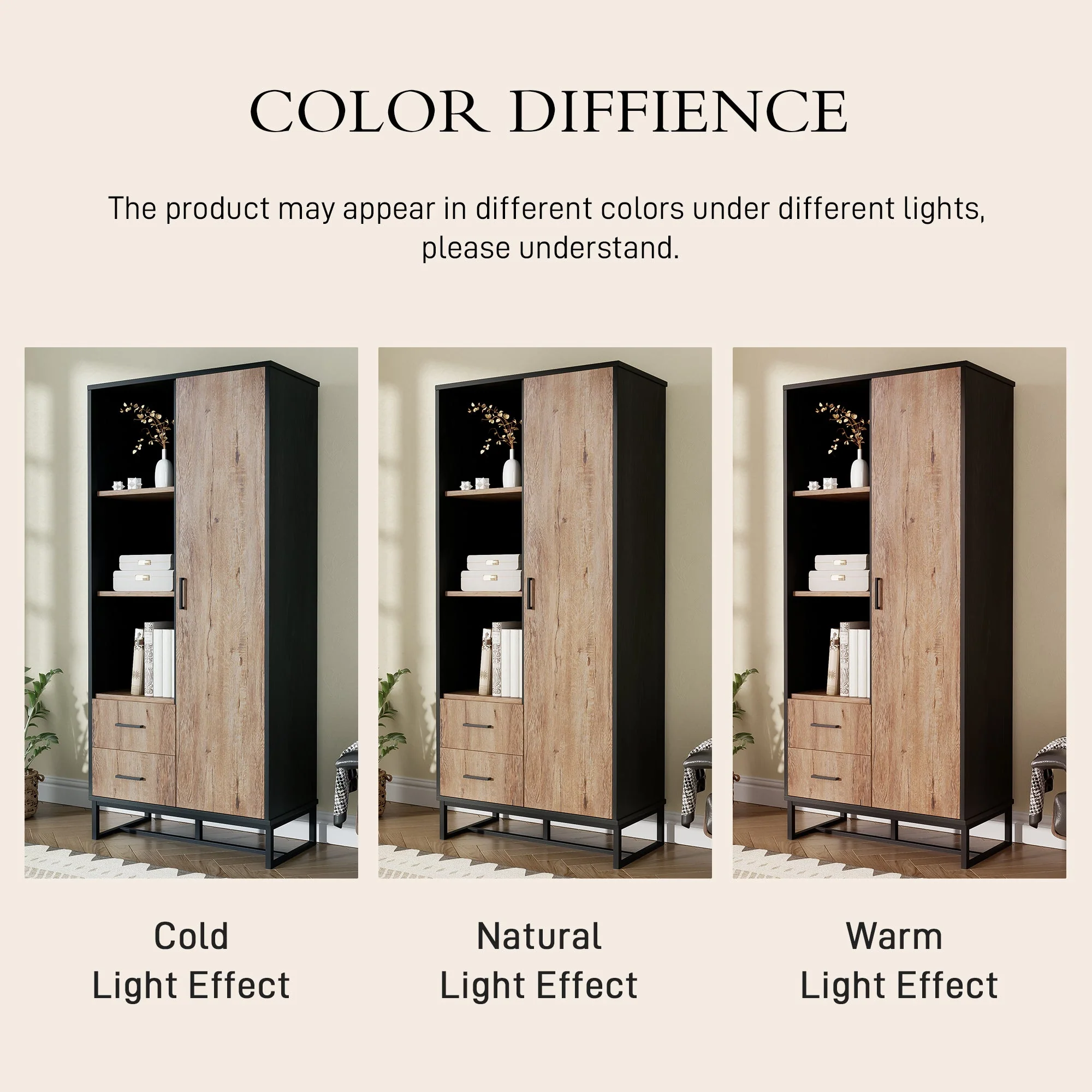 Highboard Cabinet with Door, 2 Drawers & 3 Open Compartments, Wood Look & Black Frame - Image 10