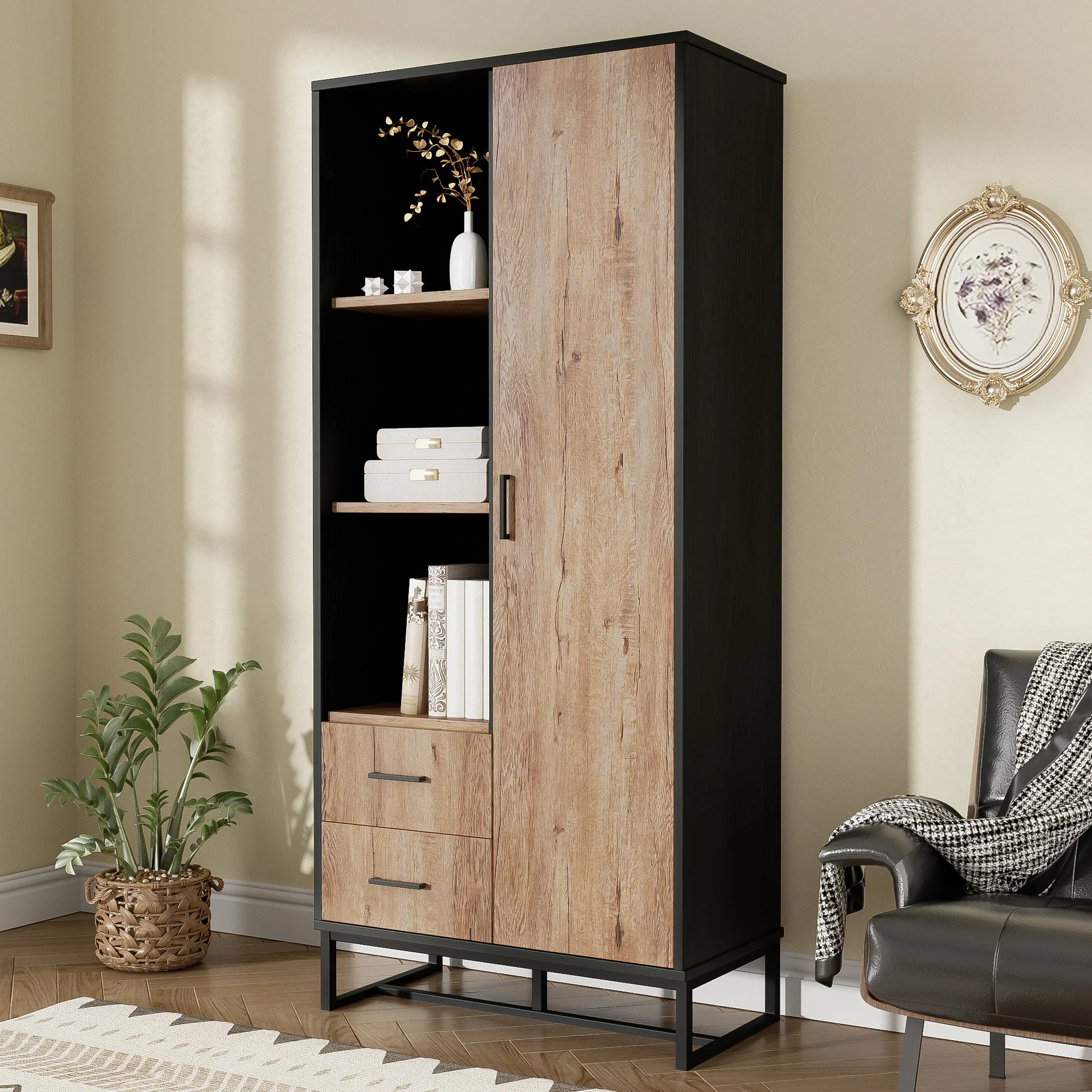 Highboard Cabinet with Door, 2 Drawers & 3 Open Compartments, Wood Look & Black Frame - Image 7